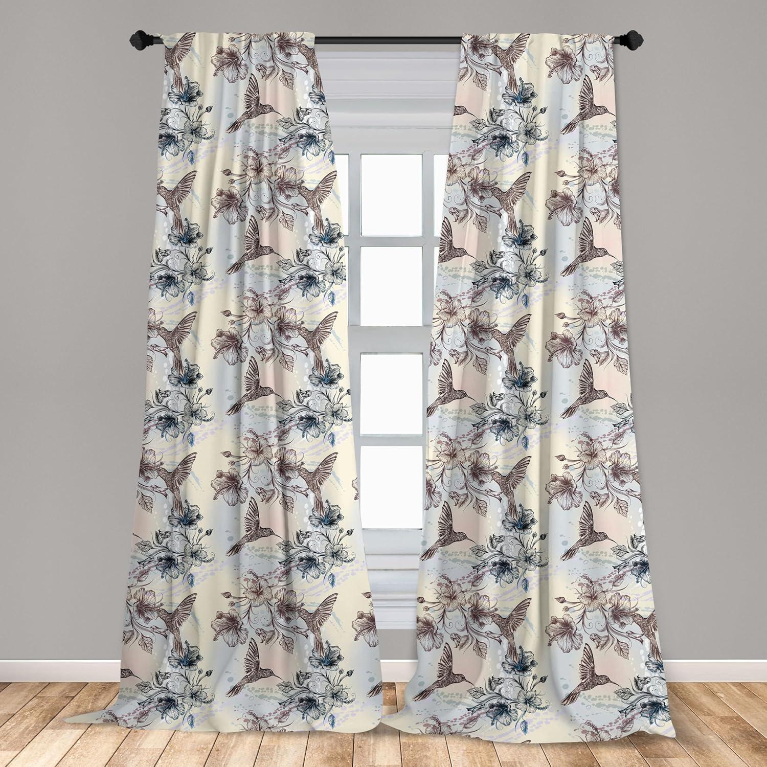 Ambesonne Nature Curtains, Birds Hibiscus Flowers, Pair of 28"x63", Teal Brown