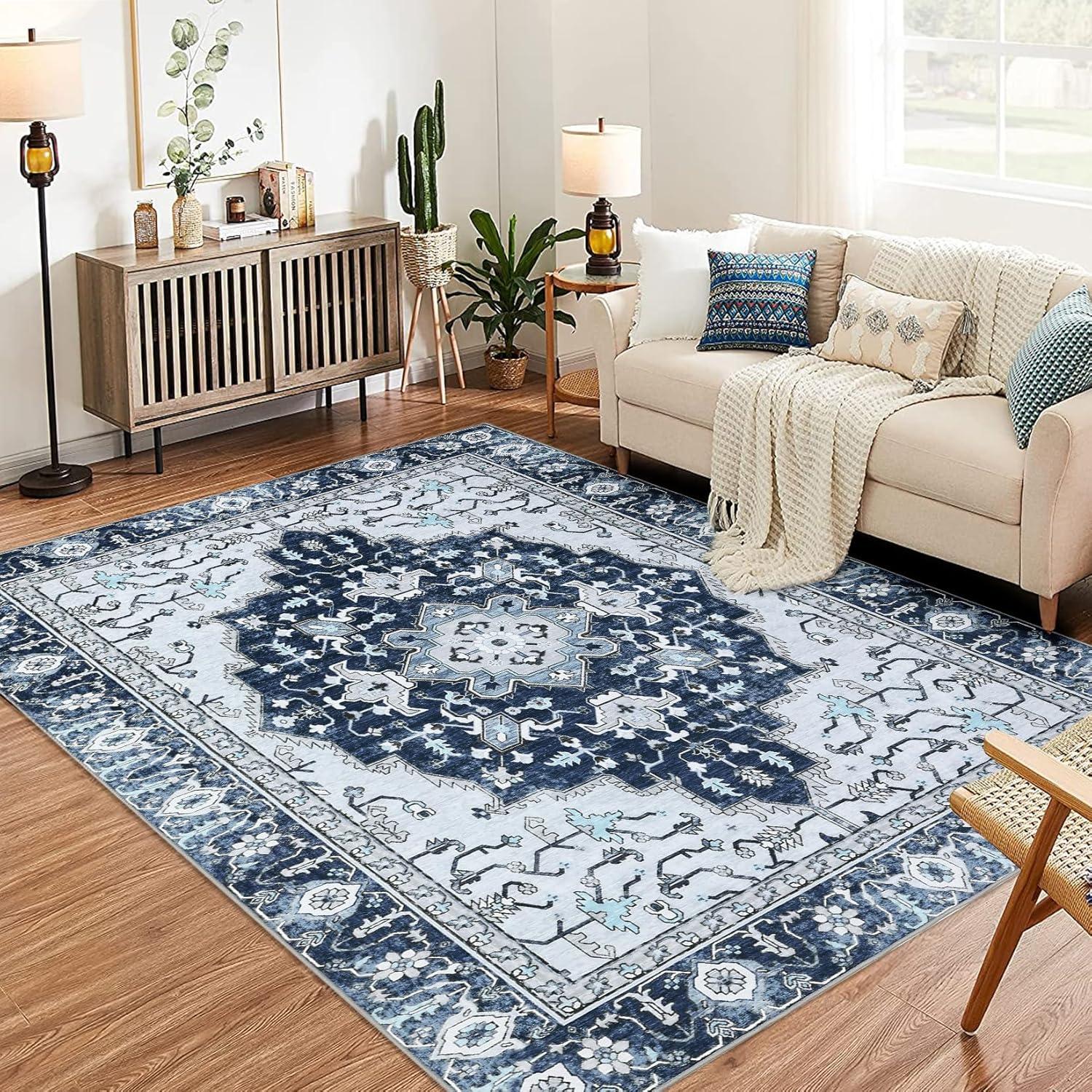 Blue Floral Washable Non-Slip 5' x 7' Wool Area Rug