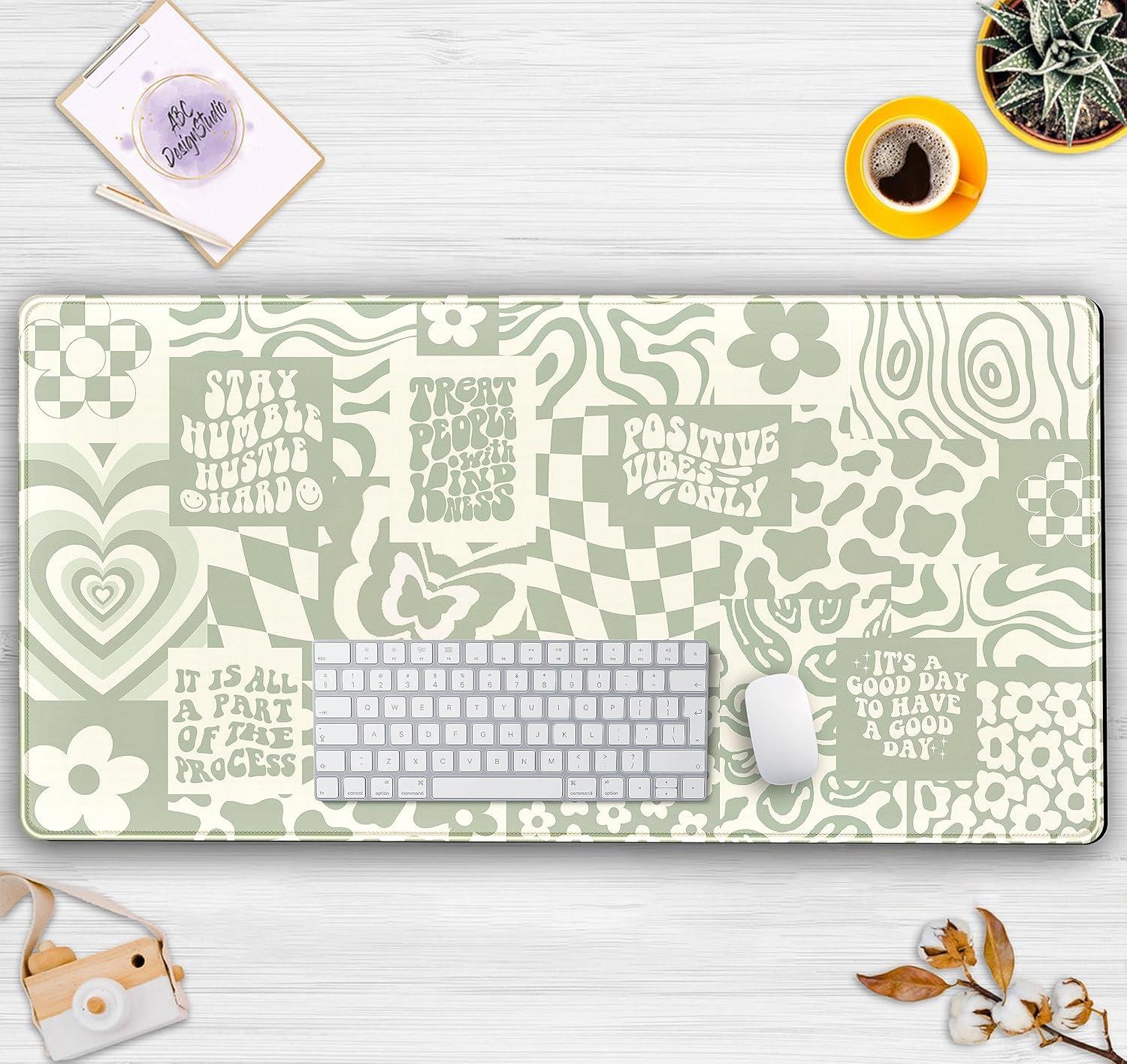 Boho Sage Green XXL Gaming Desk Mat with Non-Slip Base
