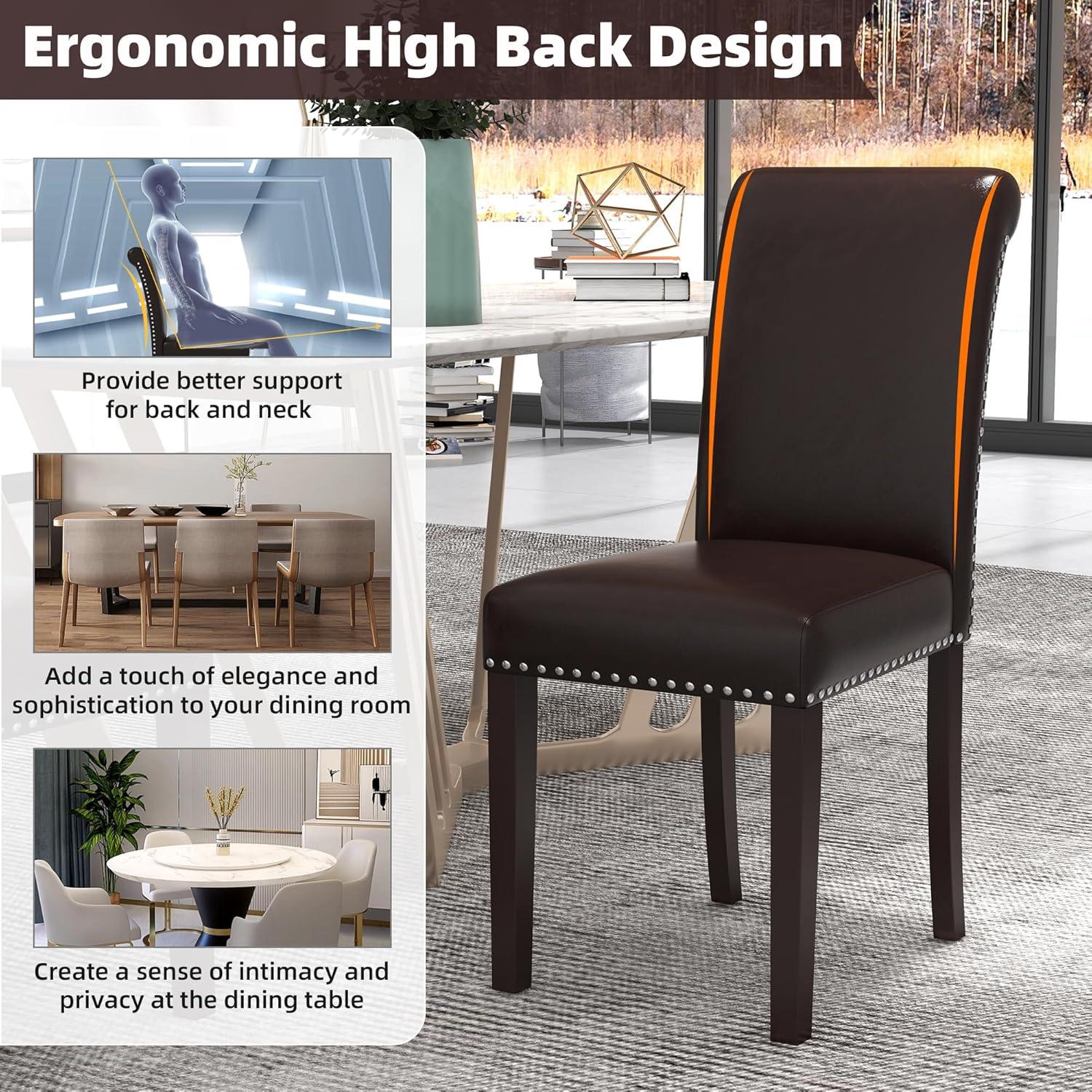 Westice Dining Room Chairs Set of 6 Upholstered PU Leather Kitchen Chairs Dining Room Side Chair with Nailhead Trim and Rubber Wood Legs for Small Space Apartment, Brown