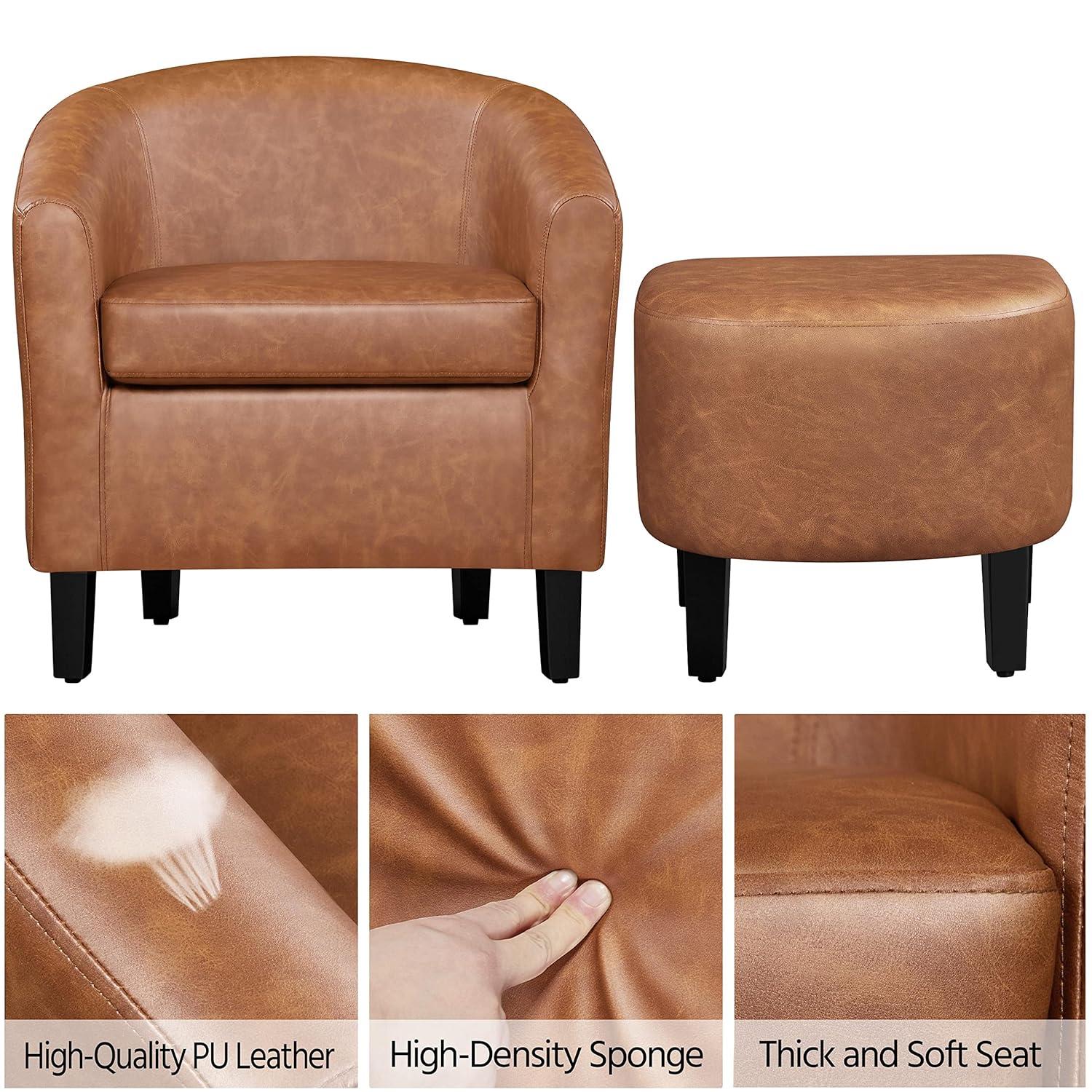 Topeakmart Faux Leather Club Accent Chair and Ottoman Set for Living Room, Brown