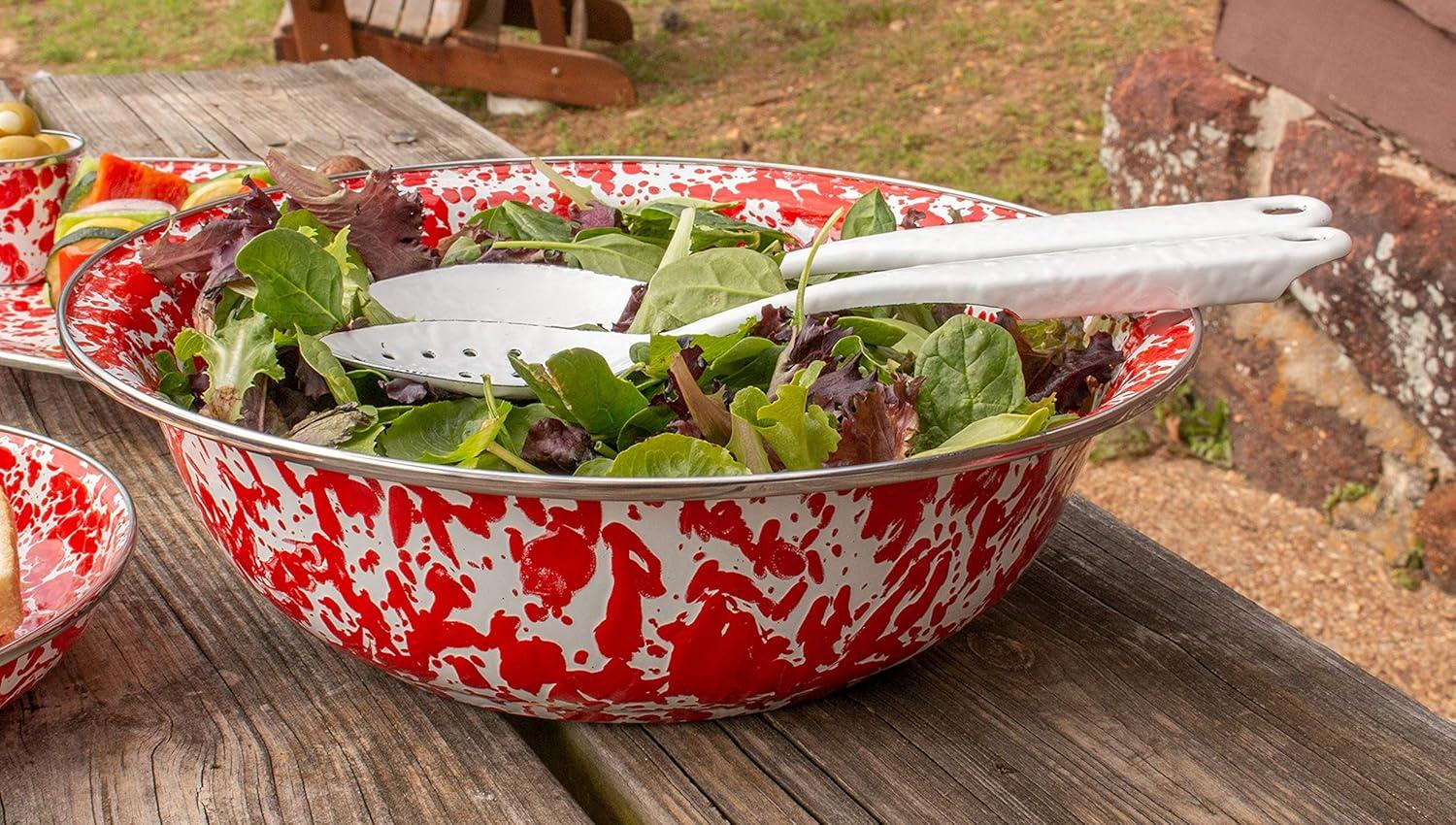 Red Swirl Ceramic Round Serving Bowl with Stainless Steel Rim