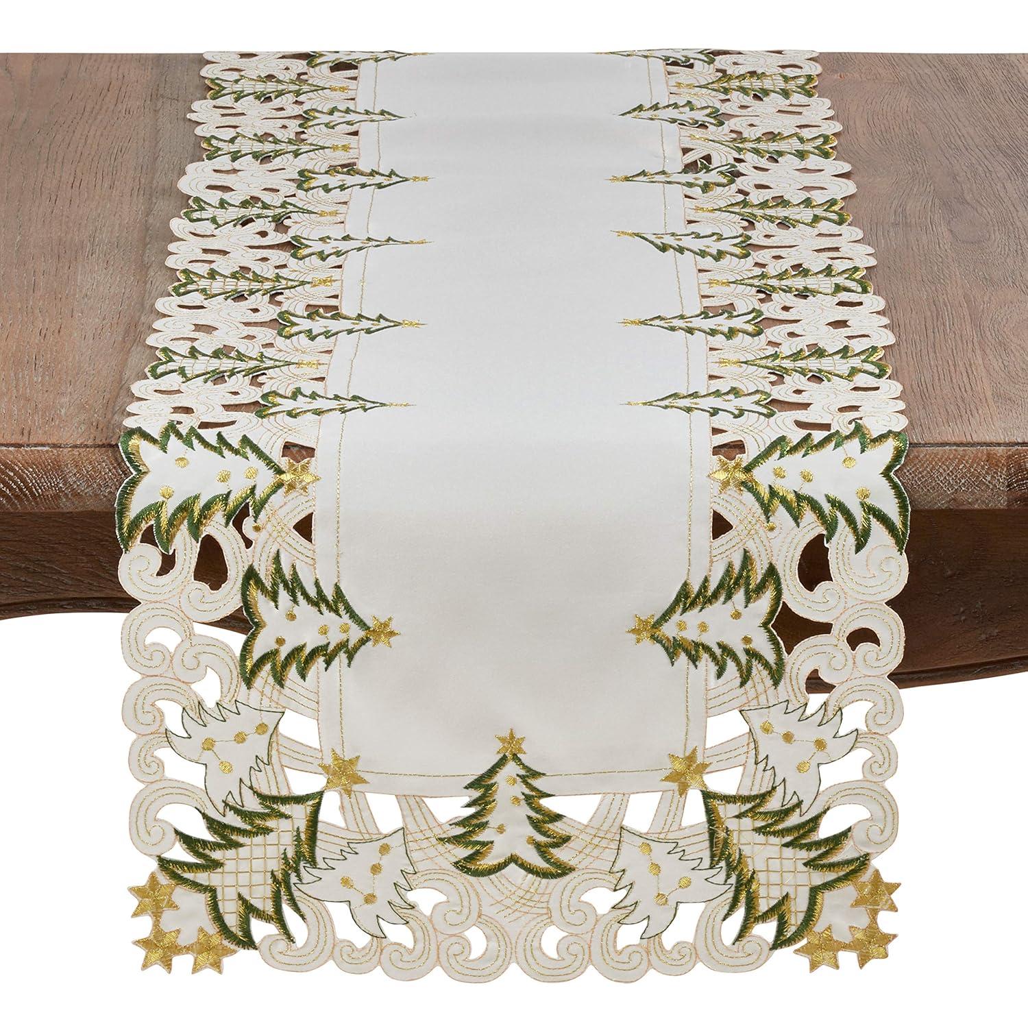 Saro Lifestyle Nostalgic Holiday Christmas Tree Table Runner, Ivory, 16" x 68"