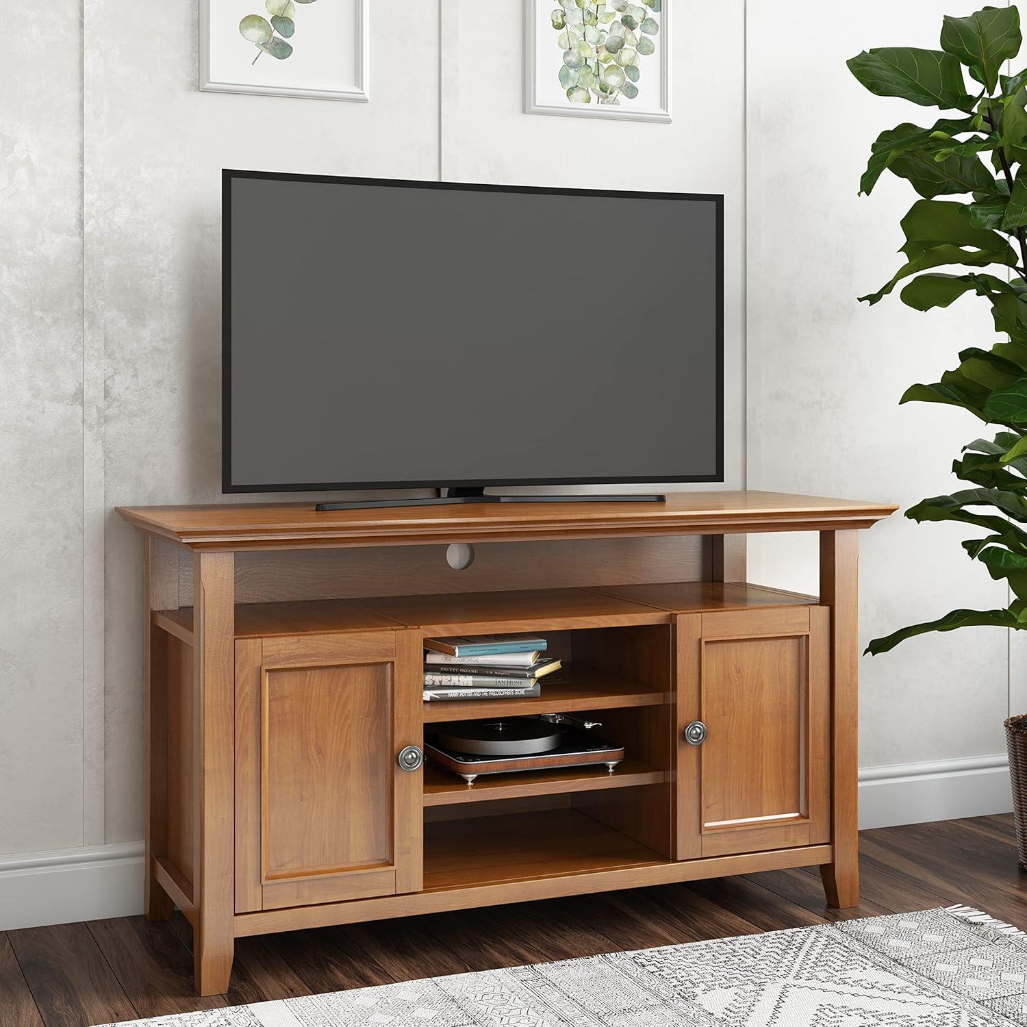 Simpli Home Amherst Transitional Solid Wood 54" TV Stand in Light Golden Brown