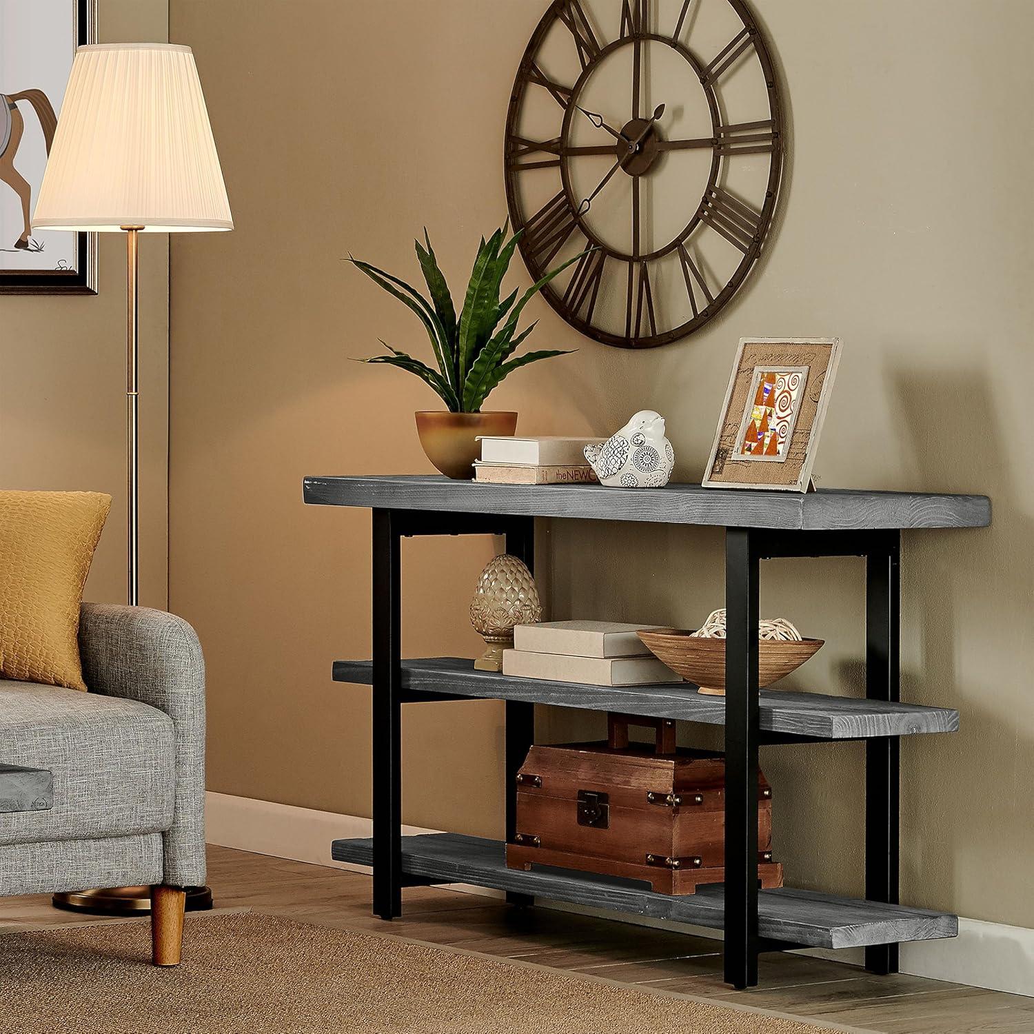 Alaterre Farmhouse Reclaimed Wood Console Table with Shelves, Slate Gray/Black