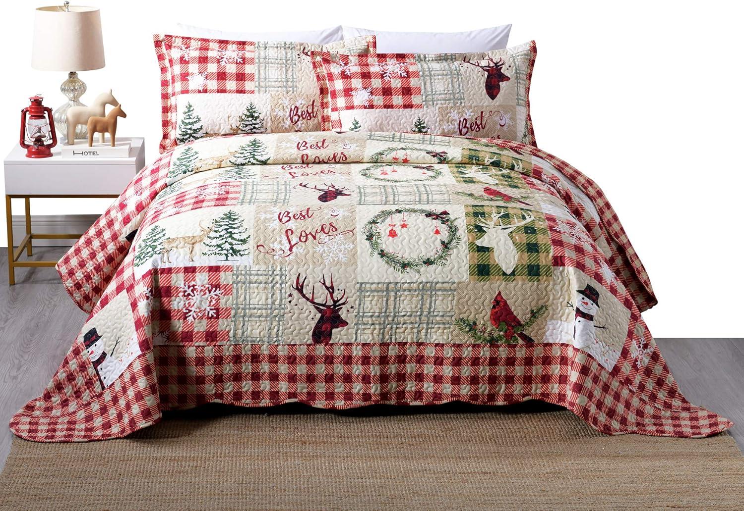 Festive Red and White Reversible Queen Microfiber Quilt Set