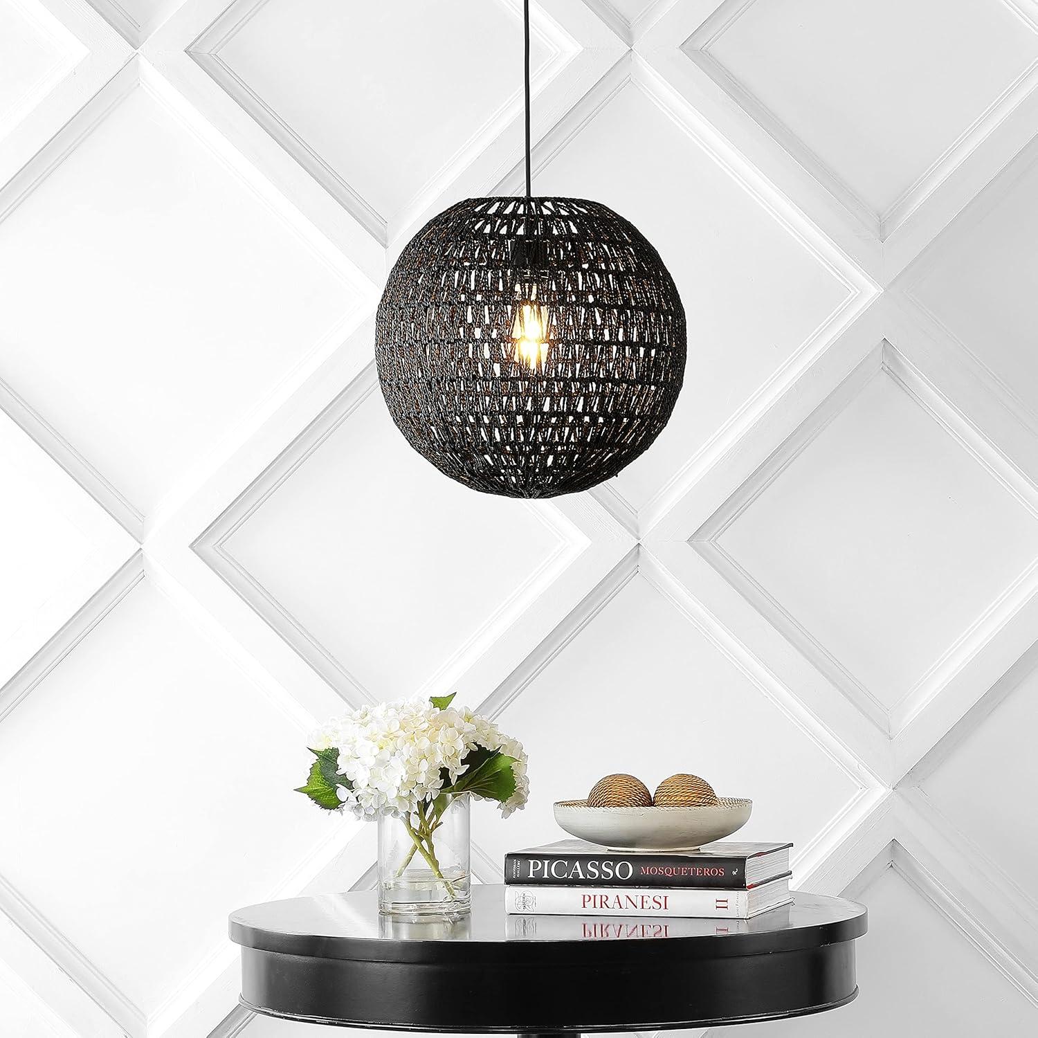 Luna 15.75" Bohemian Modern Black Woven Rattan/Iron LED Pendant