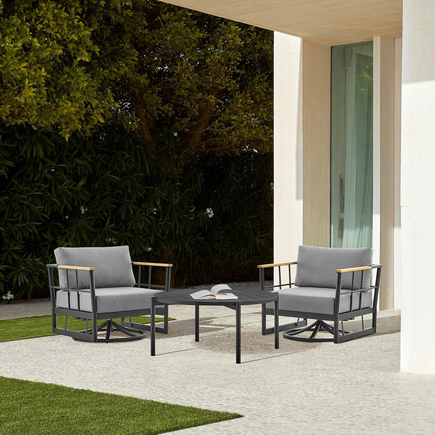Shari Outdoor Patio Swivel Glider Lounge Chair in Black Aluminum and Teak Wood with Cushions
