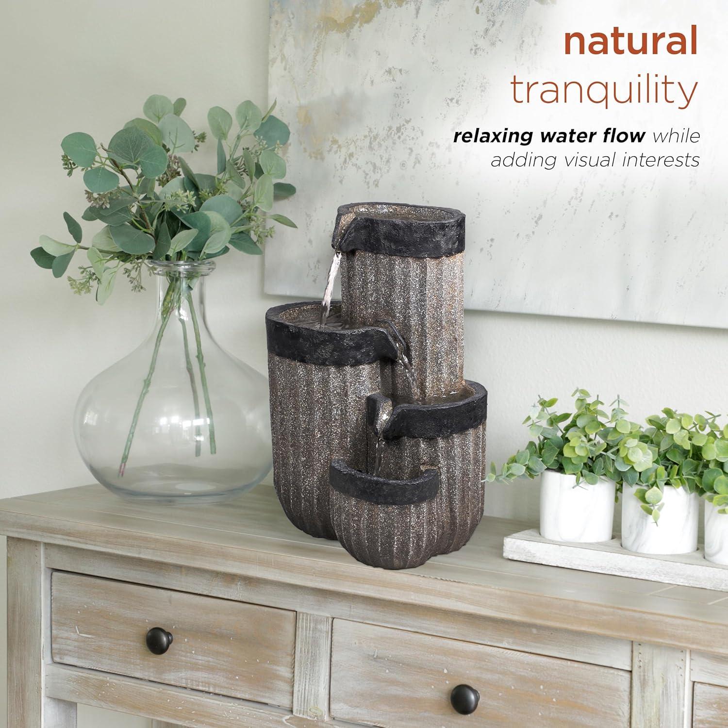 14" Resin Cascading Pillar Tabletop Fountain with LED Lights Gray - Alpine Corporation: Durable, Weatherproof Design, No Assembly Required