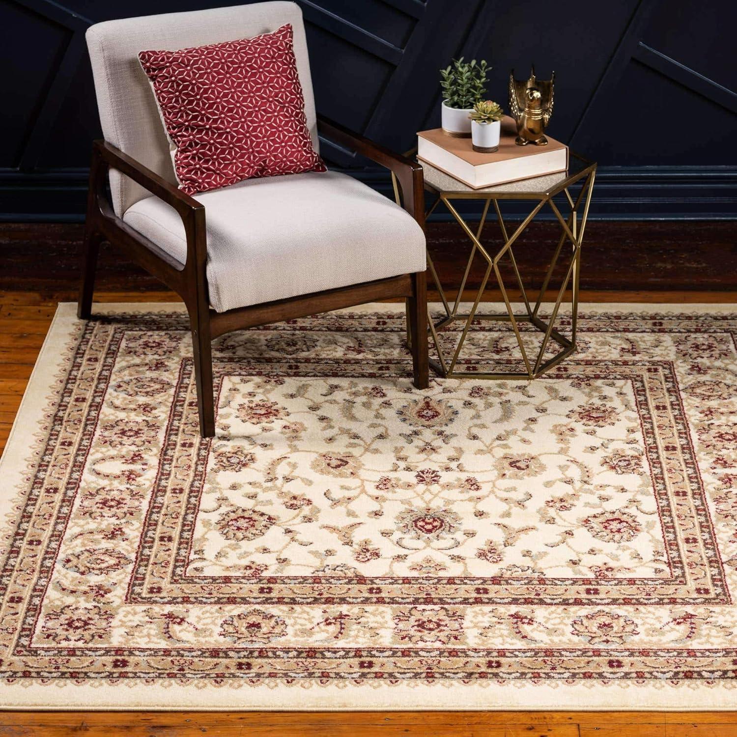 Ivory and Brown Synthetic Square Area Rug with Ornate Trim