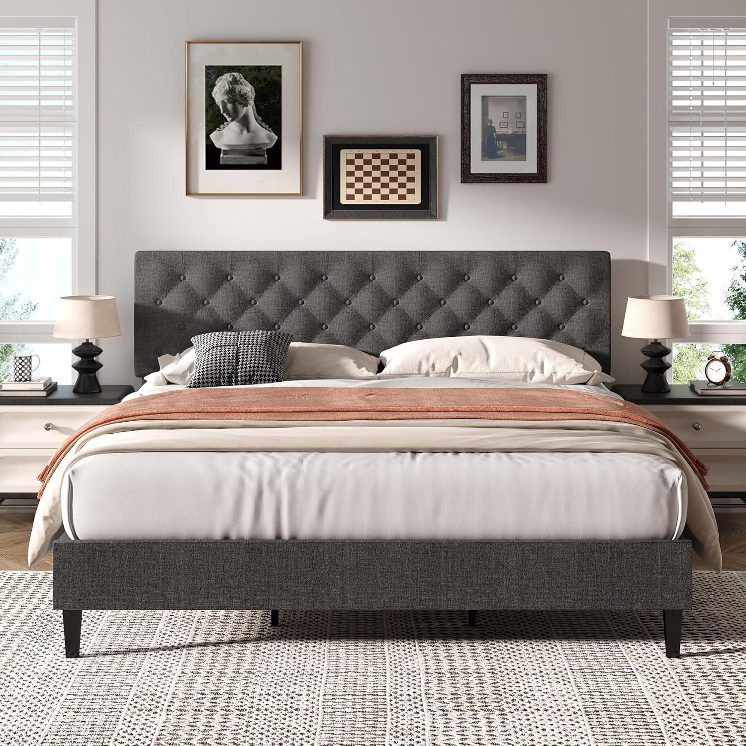 King Size Bed Frame, Upholstered Platform Bed Frame King with Button Tufted Headboard, Wooden Slats Support, No Box Spring Required, Easy Assembly, Navy Blue