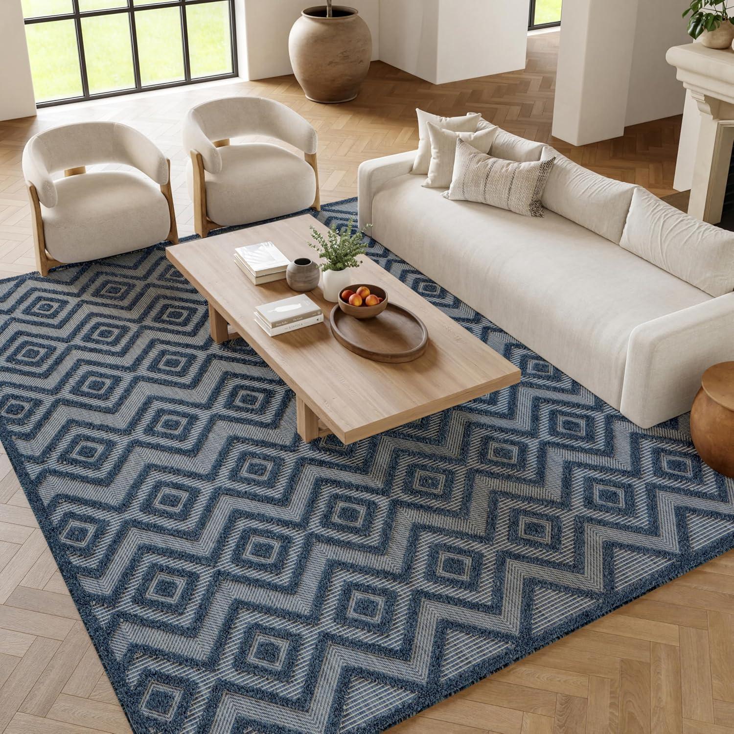 Foundry Select Versatile Diamond Navy Blue Indoor/Outdoor Area Rug