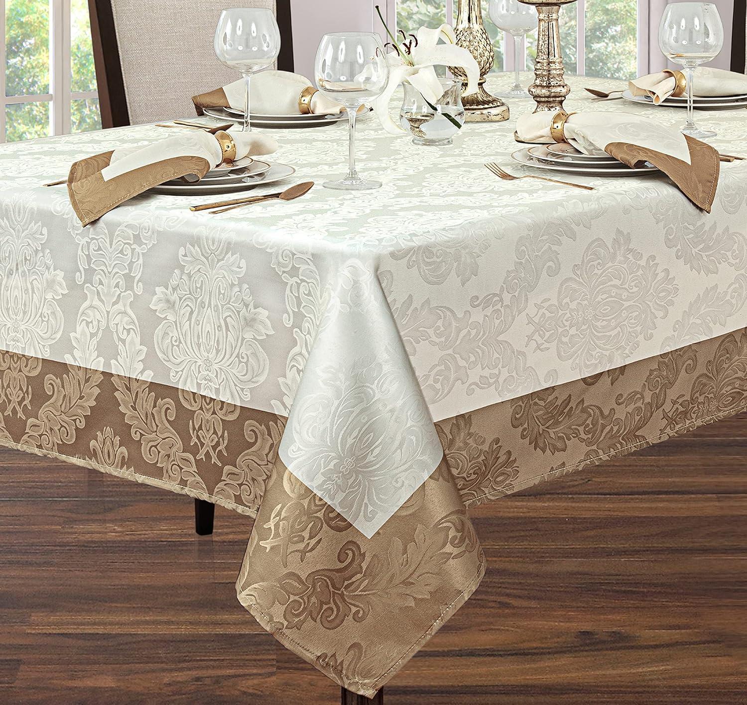 Newbridge Valencia Two Tone Bordered Damask Fabric Tablecloth, Wrinkle and Stain Resistant Fine Dining Holiday Hotel Quality Tablecloth, 52 Inch x 70 Inch Oblong/Rectangle, Antique Ivory/Gold