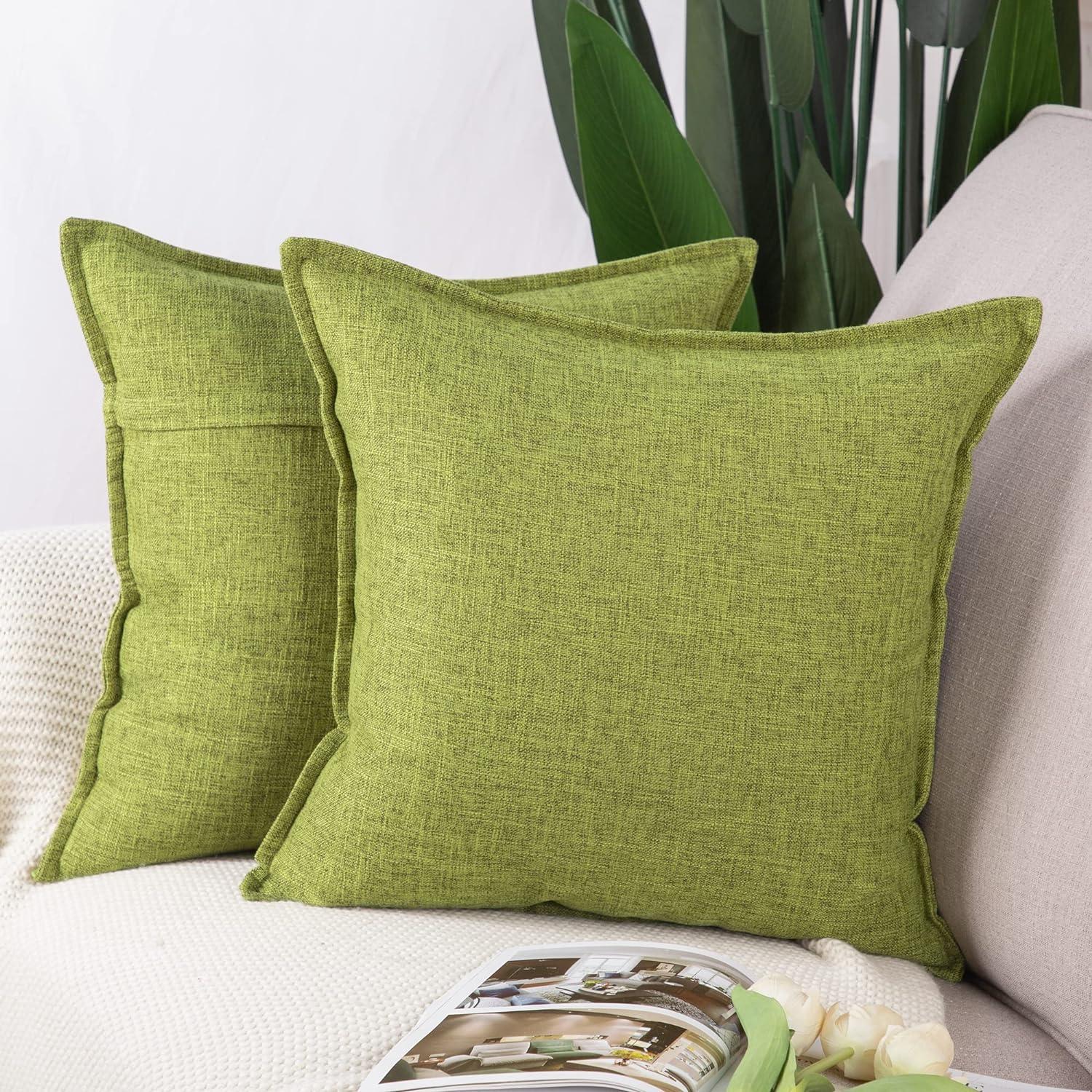 Xukmct 2 Pack Linen Square Pillow Cover with Zipper, Solid Color Decorative Cushion Case for Couch Patio Sofa, 18 x 18 inch, Green