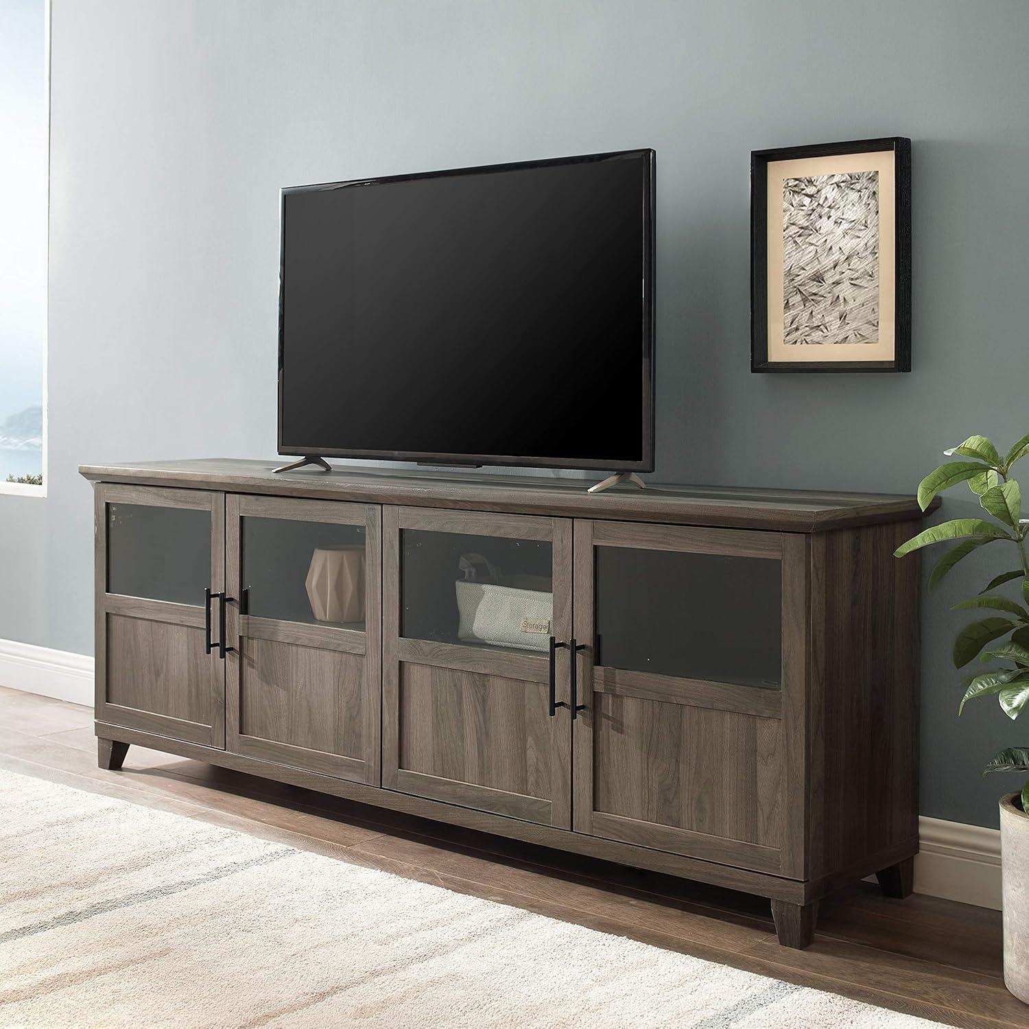 Slate Grey Farmhouse 70" TV Stand with Glass and Engineered Wood