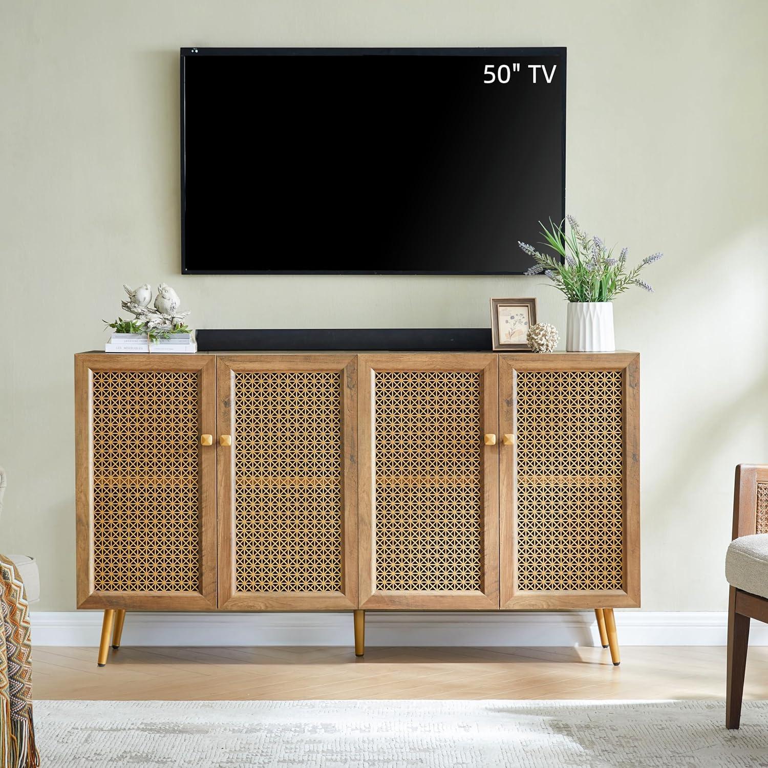 61.7''W Four Door Wood Buffets and Sideboards Storage Cabinet with LED Light Rustic Oak