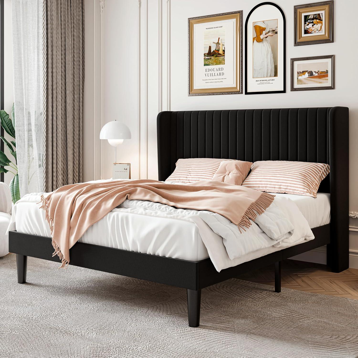 Full Size Black Velvet Upholstered Bed Frame with Tufted Headboard and Storage Drawer