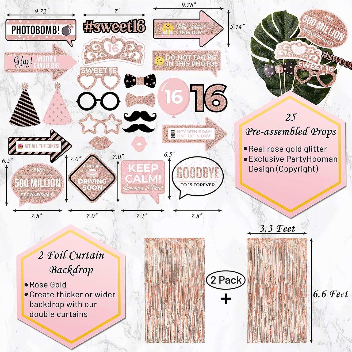 PartyHooman Sweet 16 Birthday Decorations Rose Gold With Sweet 16 Sash and Tiara Set, 2Pcs Backdrop, 25Pcs Pre-assembled Photo Booth Props, Balloons, Cake Topper | 16th birthday decorations for girls