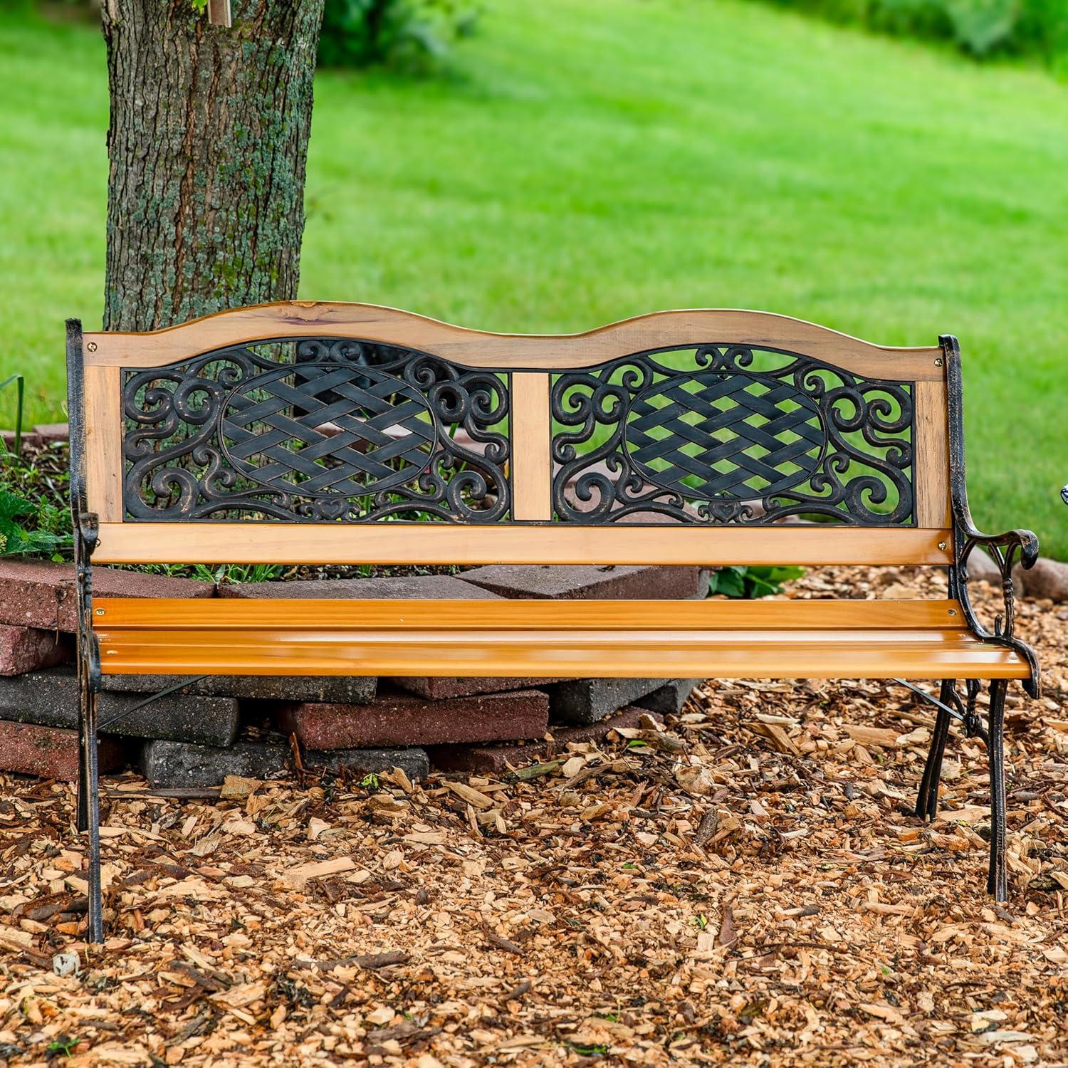 Sunnydaze 49" Black Cast Iron and Wood Outdoor Bench