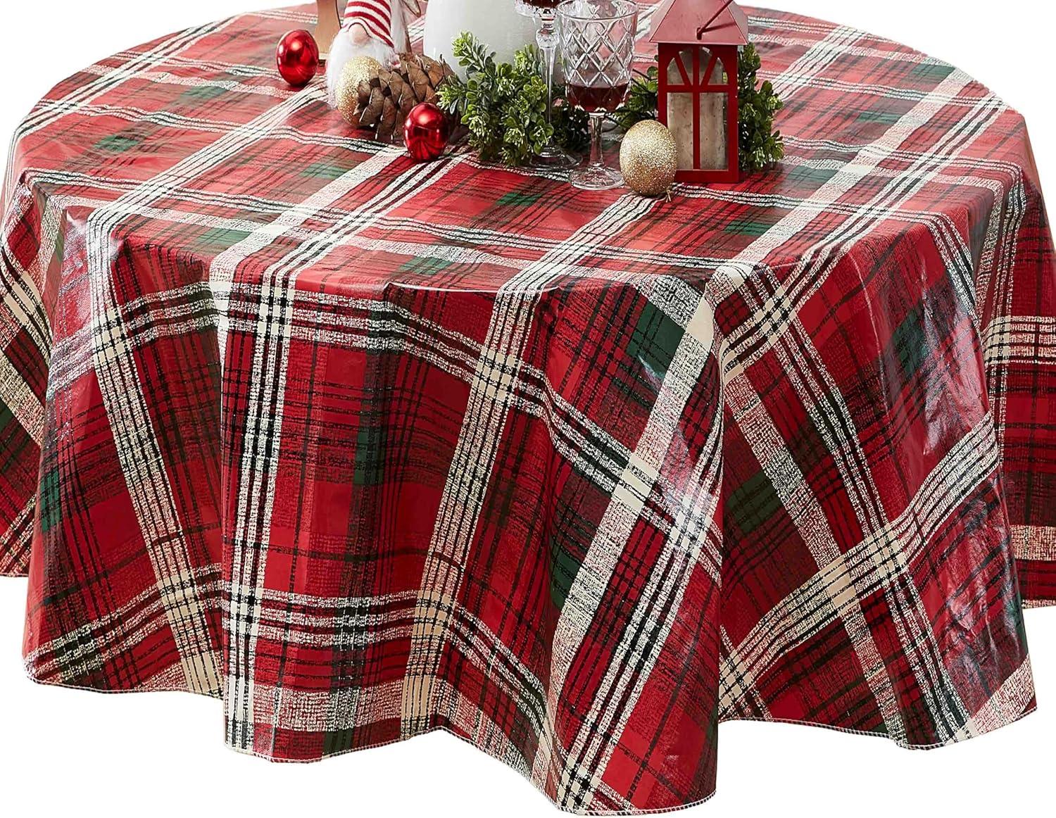 Oval Red and Green Plaid Vinyl Holiday Tablecloth, 60" x 84"