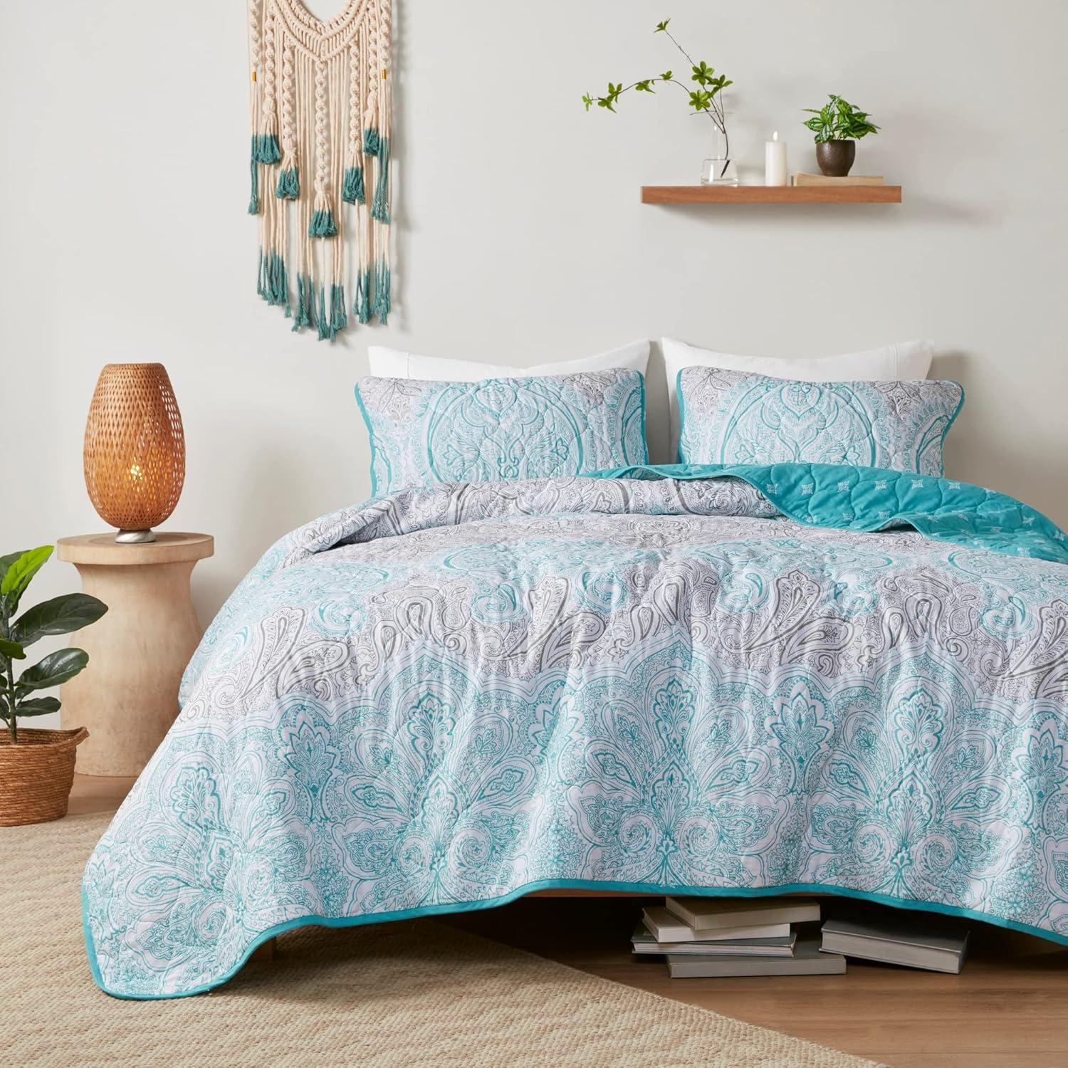 Madison Park Cardi Reversible Cotton Quilt Set - Paisley Design, Boho Reverse Summer Breathable Coverlet, Lightweight All Season Bedding Layer, Shams, Full/Queen(90"x90"), Teal 3 Piece