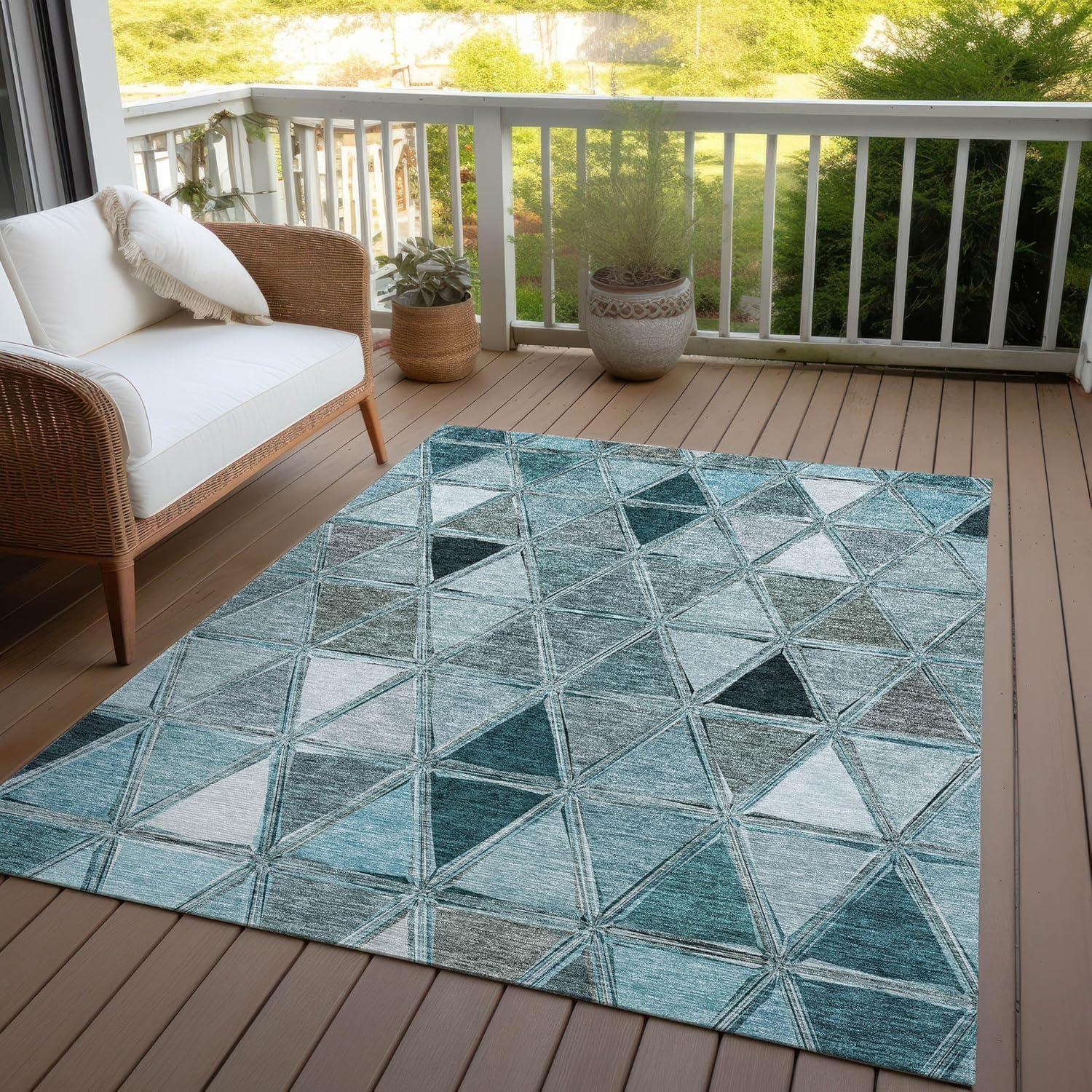 Teal Geometric Flat Woven Indoor Outdoor Washable Rug