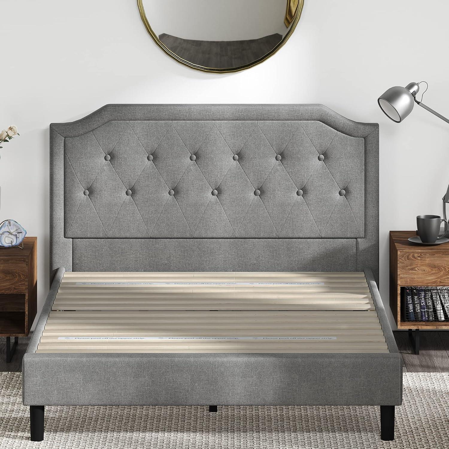 Queen-Sized Scalloped Edge Upholstered Platform Bed with Tufted Headboard