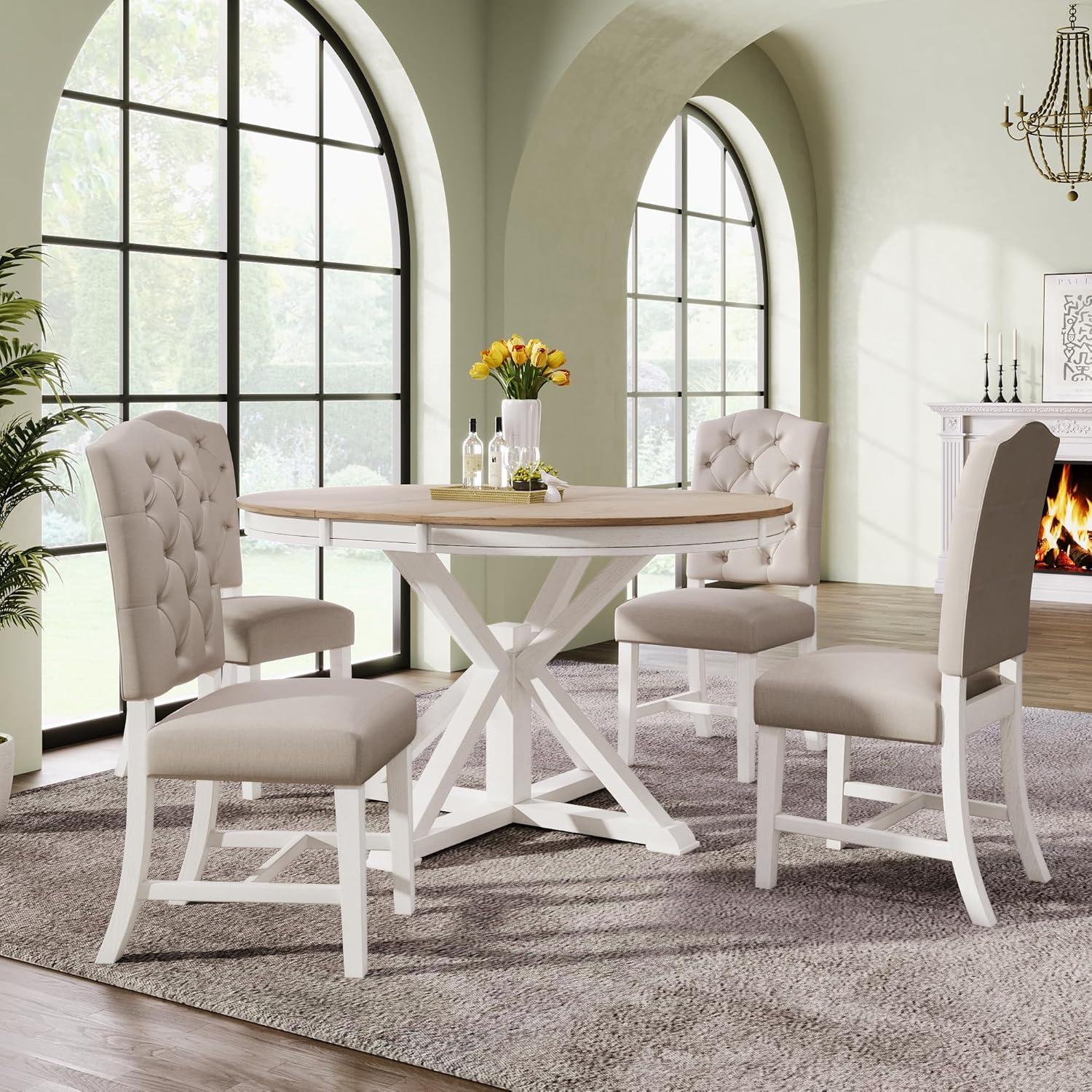 Churanty Wood Dining Table Set for 4 with Extendable Table and 4 Upholstered Chairs for Dining Room,Oak Natural Wood + Off White