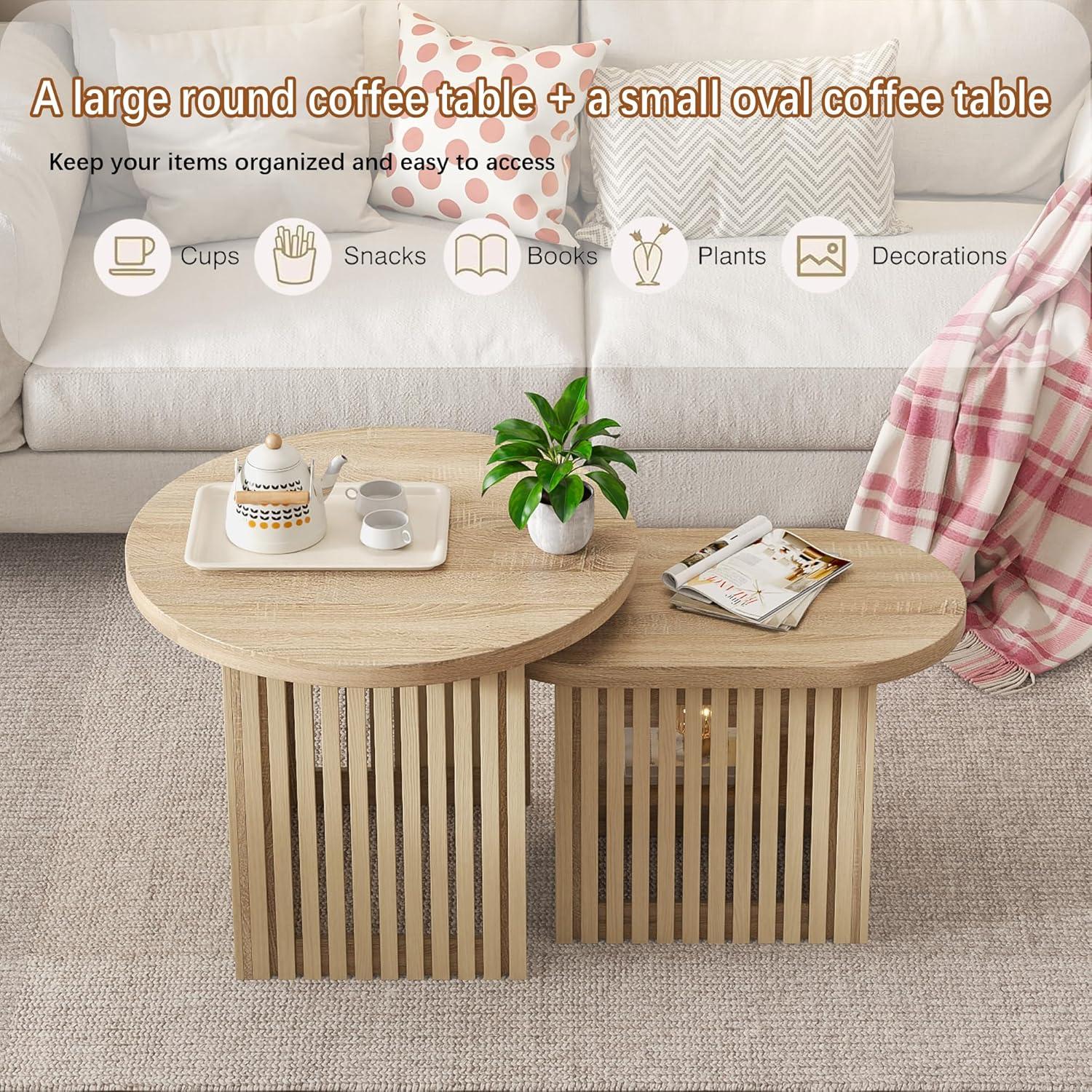 Natural Wood Round Nesting Coffee Table Set with Fluted Panels