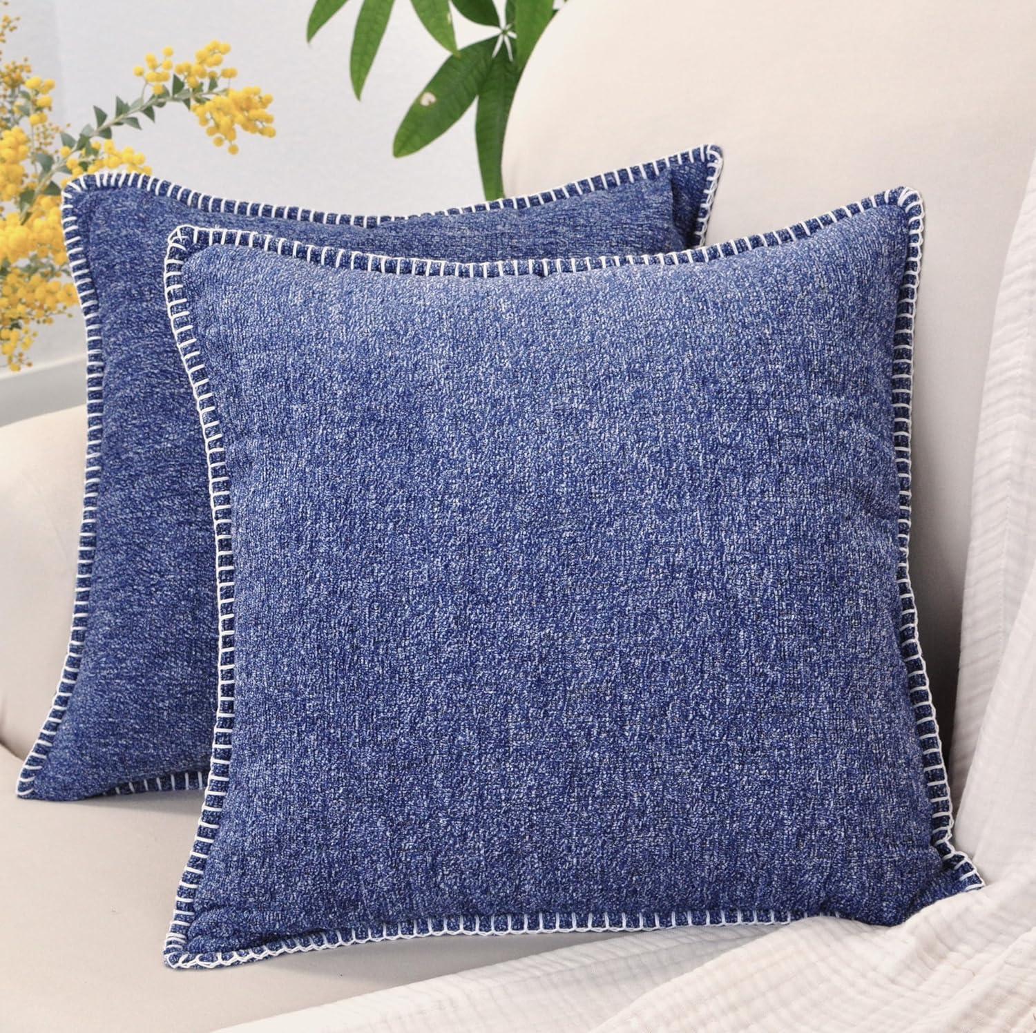 Soft Chenille Throw Pillow Covers With Stitched Edge (Set of 2)