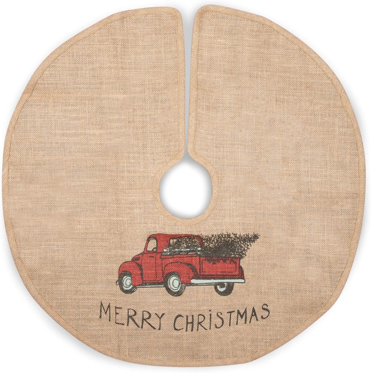 Vintage Red Truck Burlap Christmas Tree Skirt, 24 Inches