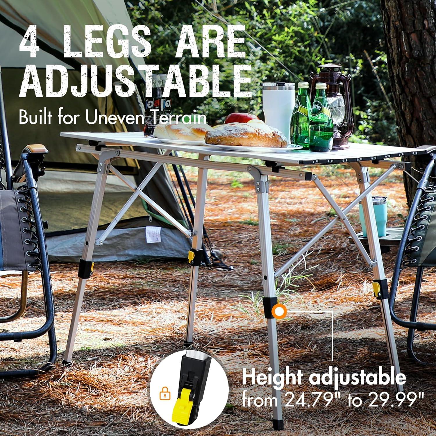 PORTAL Outdoor Folding Portable Picnic Camping Table with Adjustable Height Aluminum Roll Up Table Top Mesh Layer, Silver