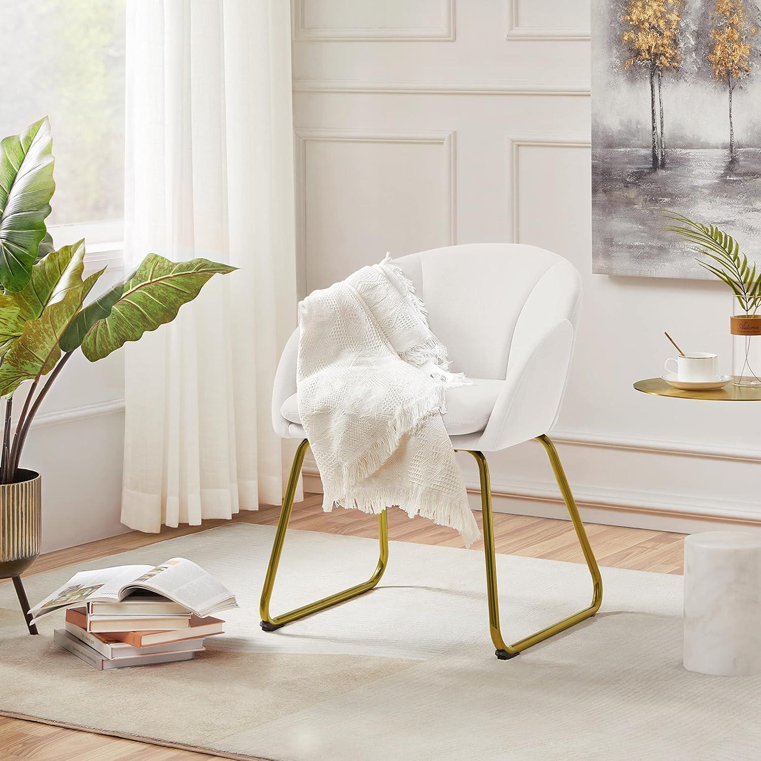 Yaheetech Modern Velvet Vanity Chair Armchair, Flower Shaped Makeup Chair with Golden Metal Legs for Living Room/Makeup Room/Bedroom/Home Office/Kitchen, White