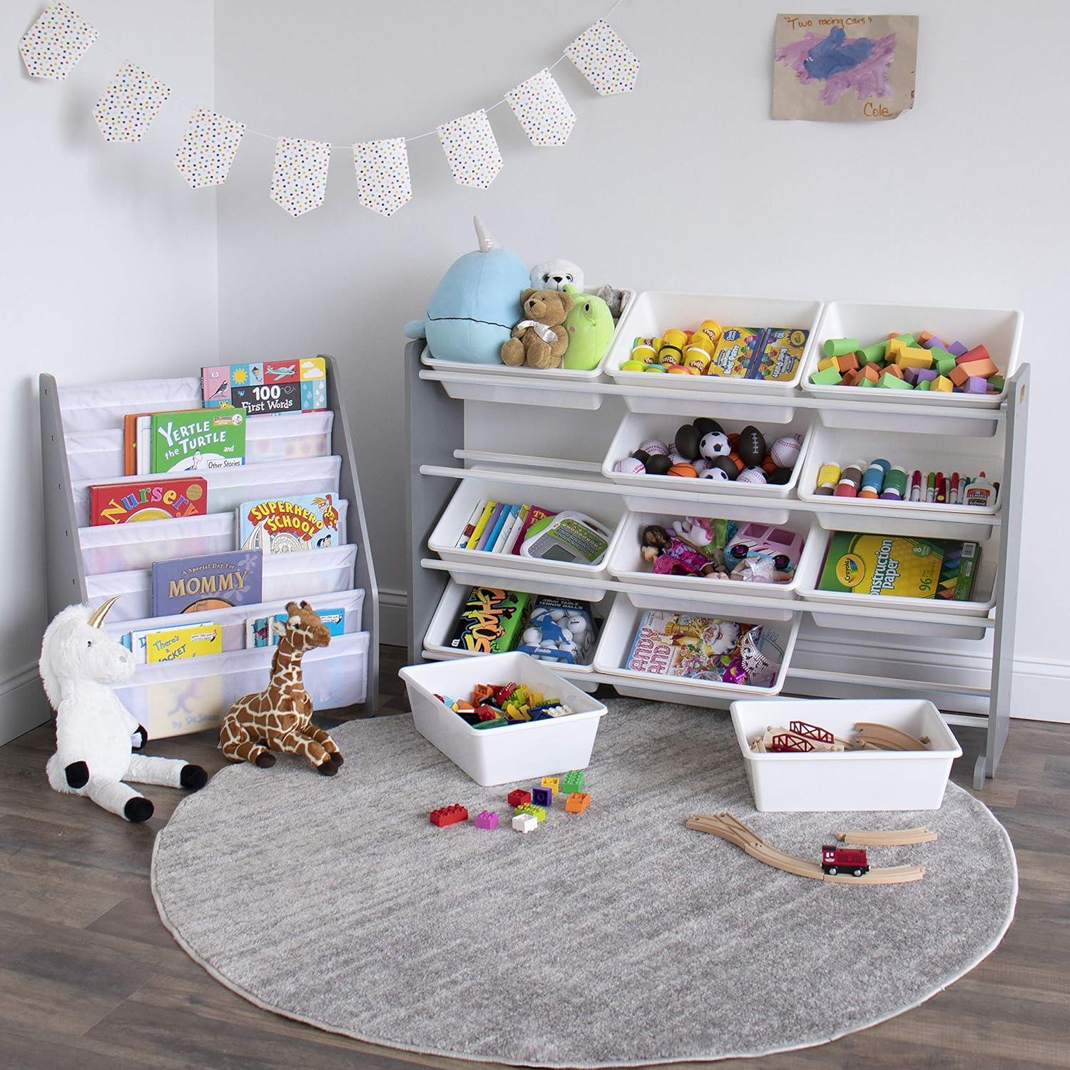 Humble Crew Inspire Supersized Toy Storage Organizer with 12 Large Plastic Storage Bins, Grey/White