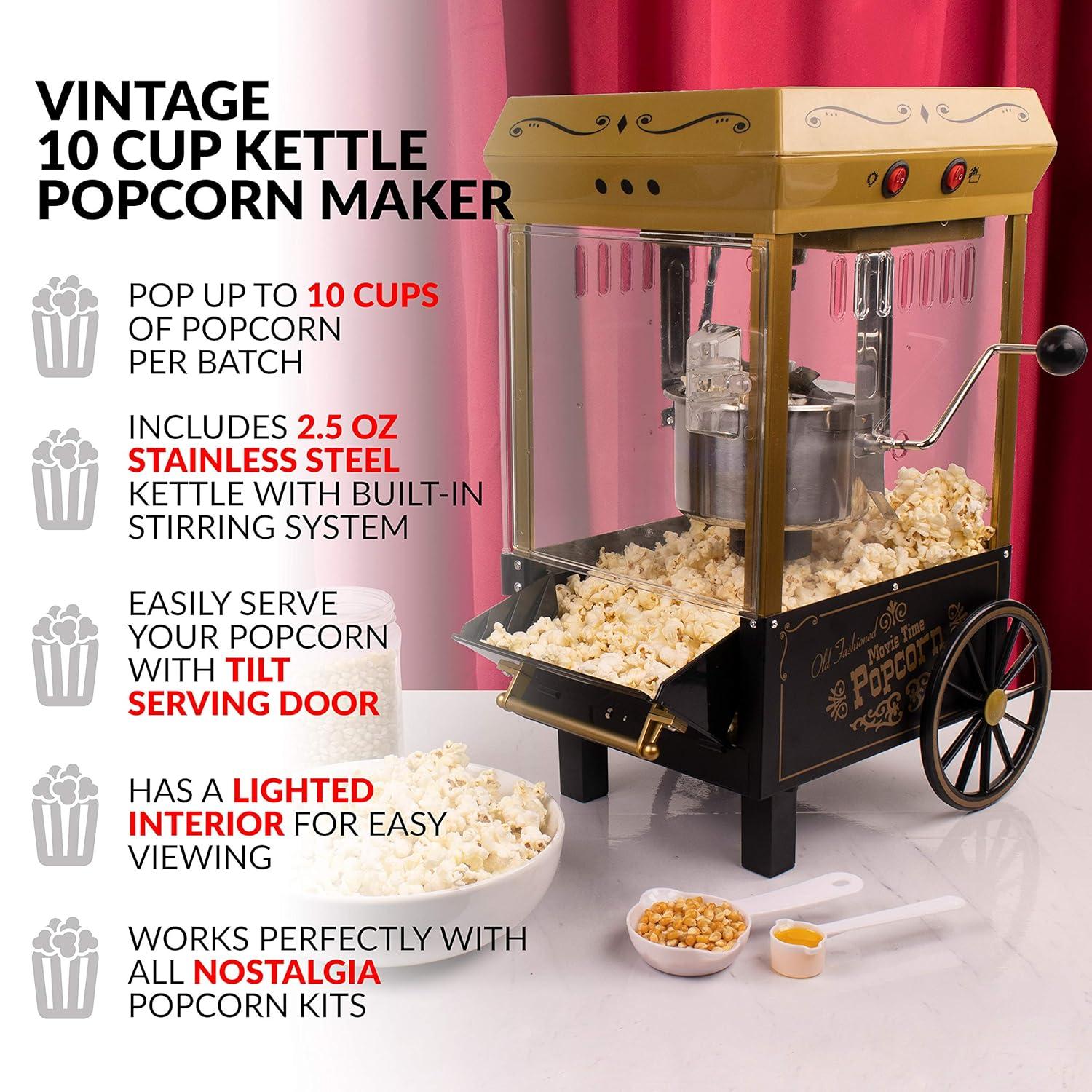 Nostalgia 2.5 oz Kettle Vintage Tabletop Popcorn Maker, Makes 10 Cups, Black/Gold, KPM528