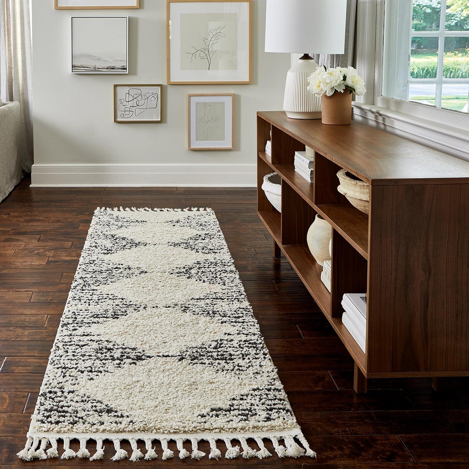 Off-White Synthetic Moroccan Diamond Shag Runner Rug with Braided Tassels