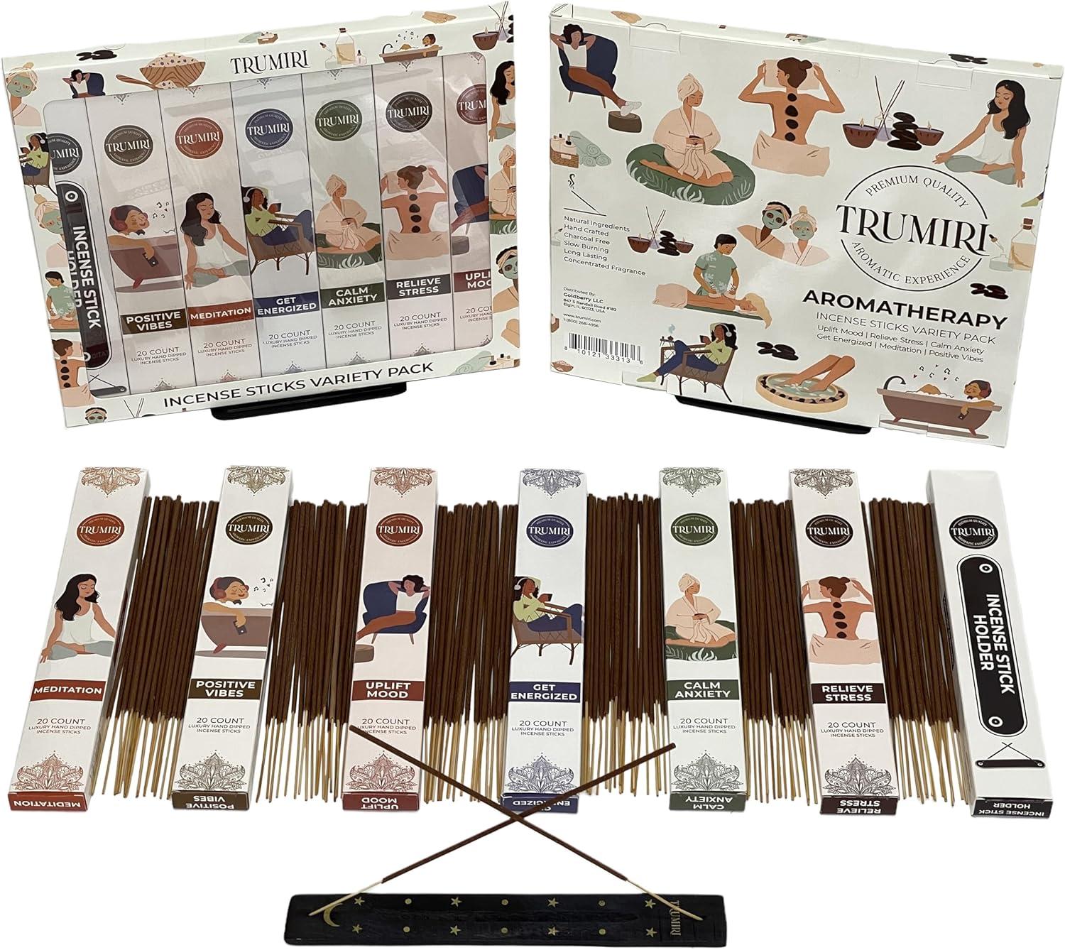 Trumiri Incense Sticks - Aroma Sticks - Total 120 Insence-Sticks (20 Insense x 6 Incence) - Calm Anxiety, Positive Vibes, Meditation, Get Energized, Relieve Stress, Uplift Mood with Incense Holder