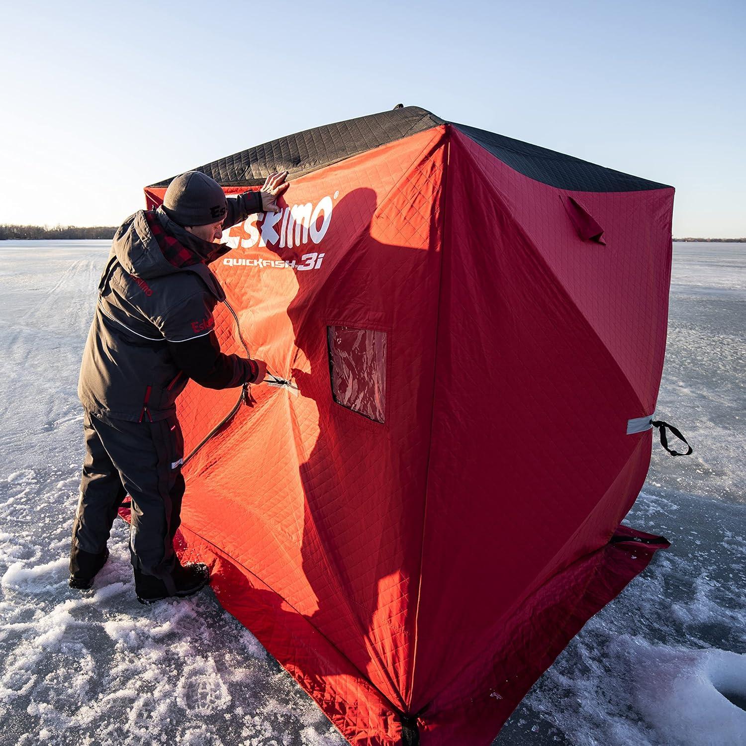 Red Fiberglass Pop-Up Ice Shelter for 3 Persons with Carry Bag