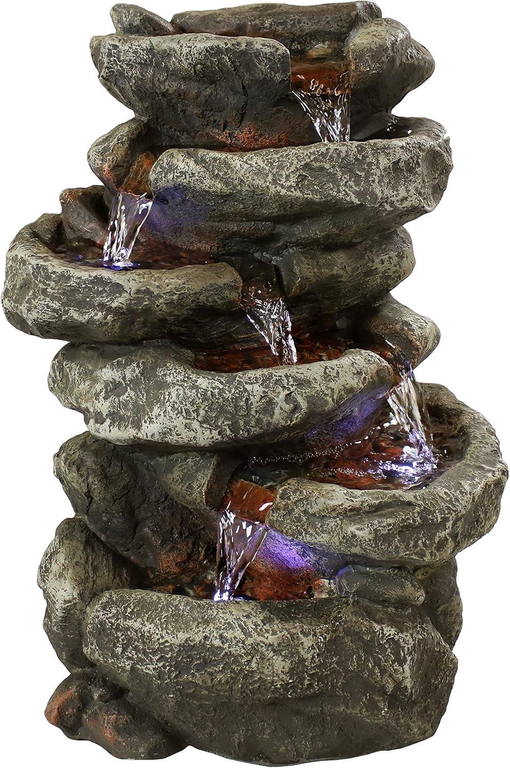 Sunnydaze Indoor Home Office Relaxing 6-Tiered Stone Falls Tabletop Water Fountain with LED Lights - 15"