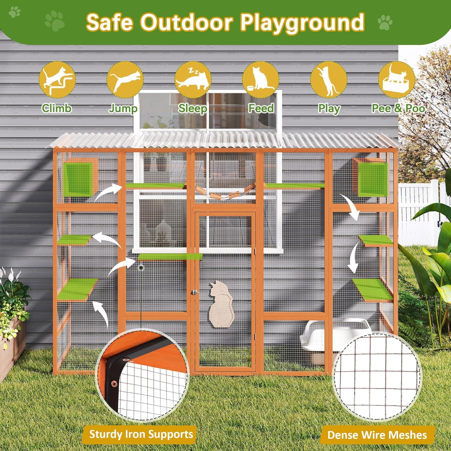 COZIWOW Outdoor Cat Enclosure, Catio Pet Safe House, 104" Extra Large Indoor Window Box with 7 Platforms, Resting Houses, and Walk-In Door, Orange