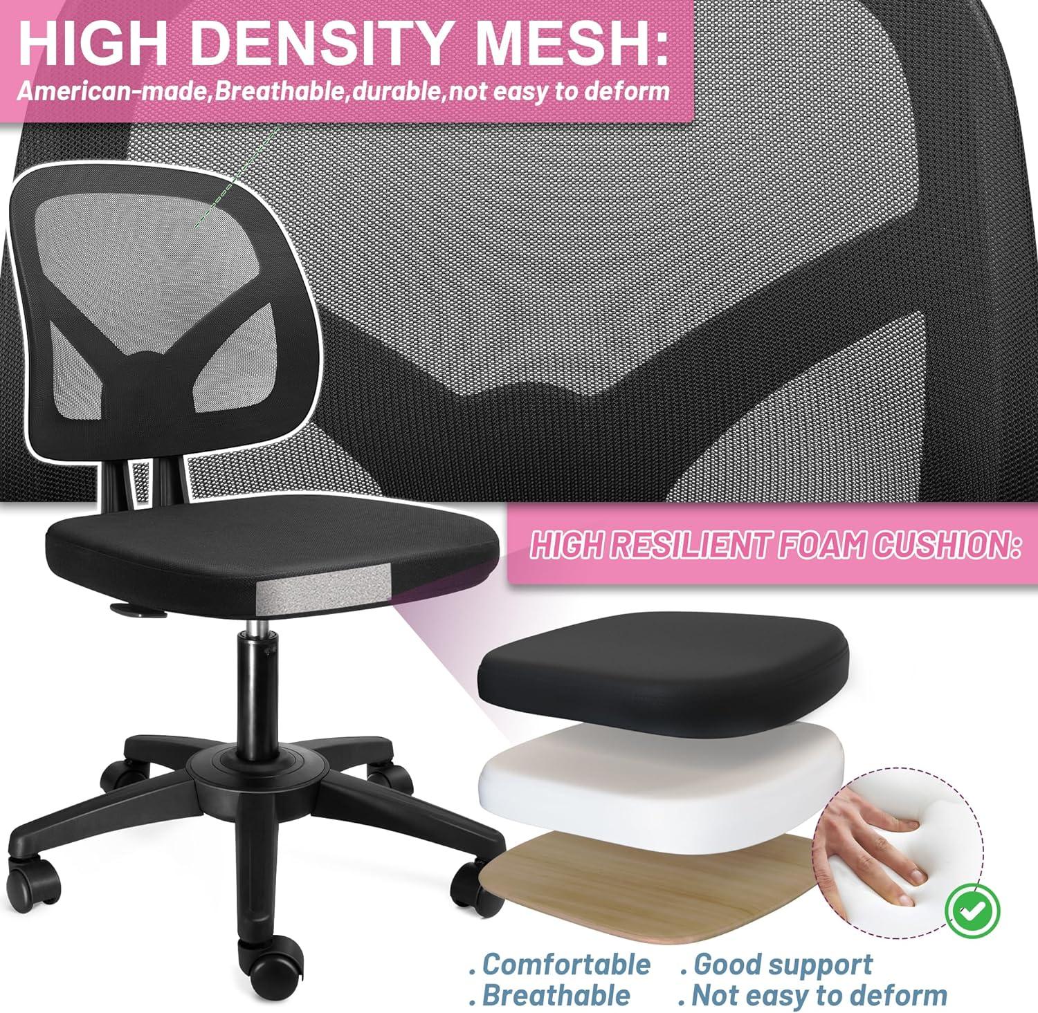 Mesh Office Chair Ergonomic Small Desk Chair No Arms Black Swivel Computer Chair with Wheels Task Chair for Small Spaces Mid Back Home Office Chair for Adults and Kids