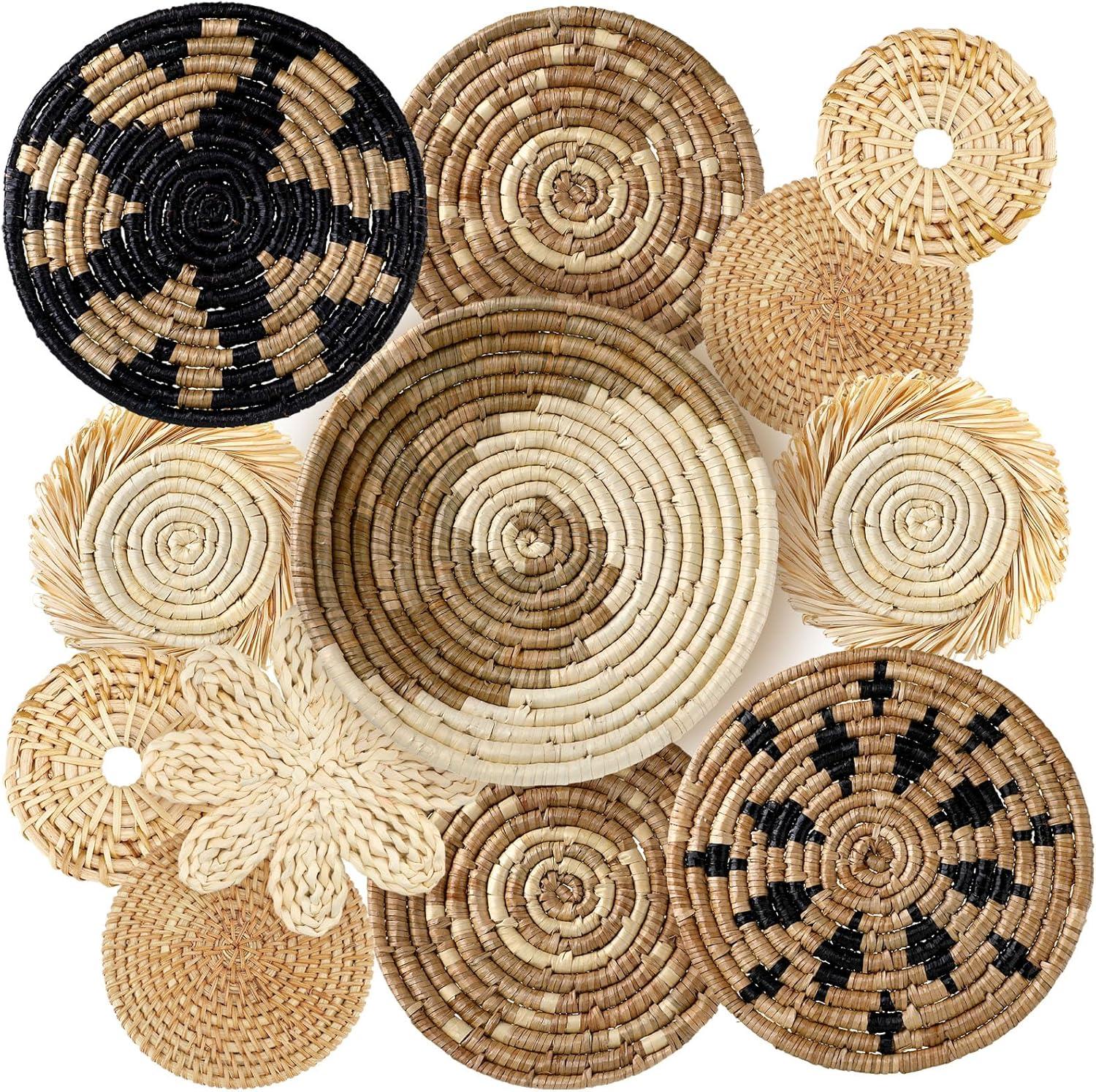 11 Pcs Boho Wall Basket Decor Decorative Bulrush Woven Basket Wall Decor Boho Wall Art Round Farmhouse Wall Hanging Baskets for Rustic Home Kitchen Decorations, Multi Sizes (Retro)