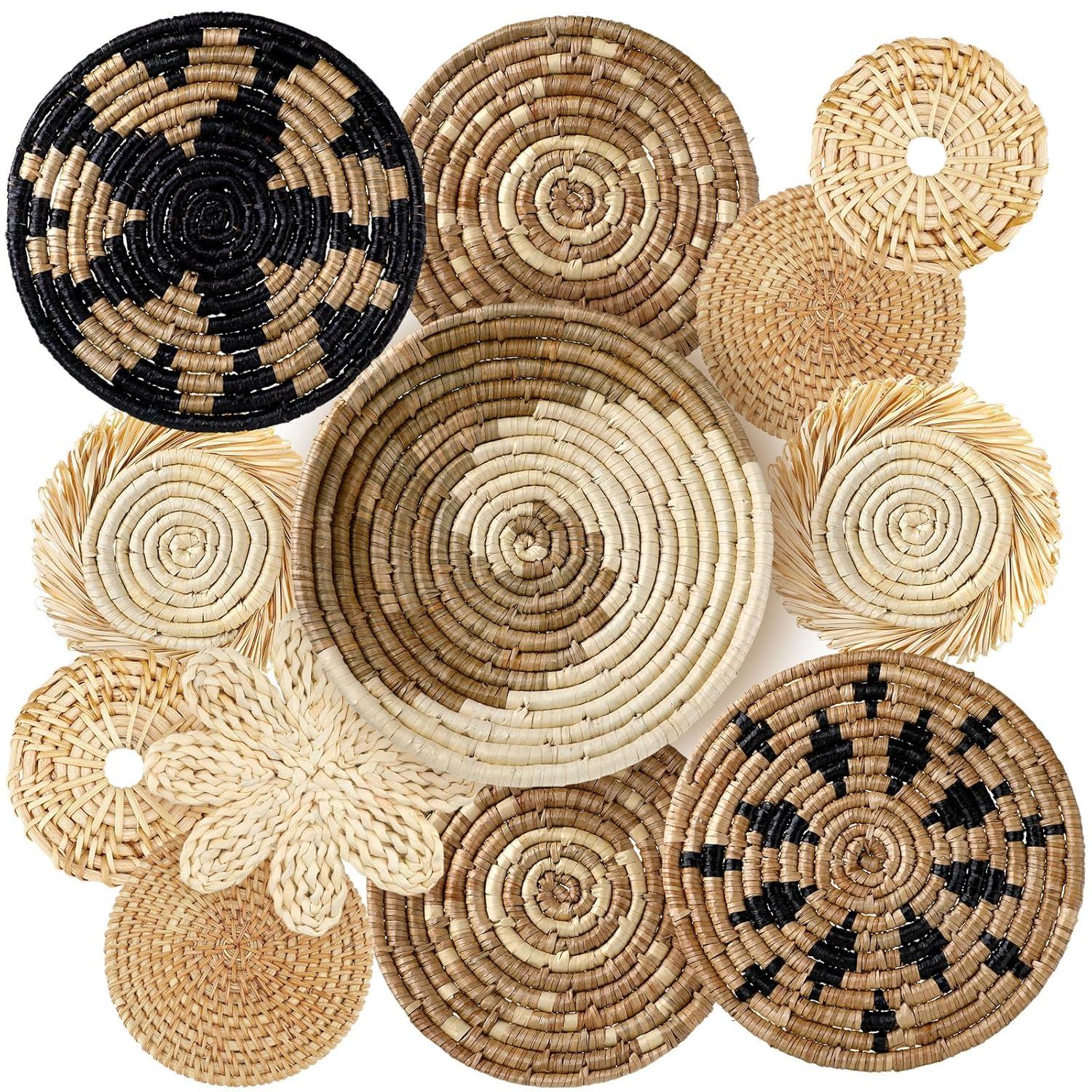 Tatuo 11 Pcs Boho Wall Basket Decor Decorative Bulrush Woven Basket Wall Decor Art Round Farmhouse Hanging Baskets for Kitchen Rustic Home Summer Decorations, Multi Sizes(Retro)