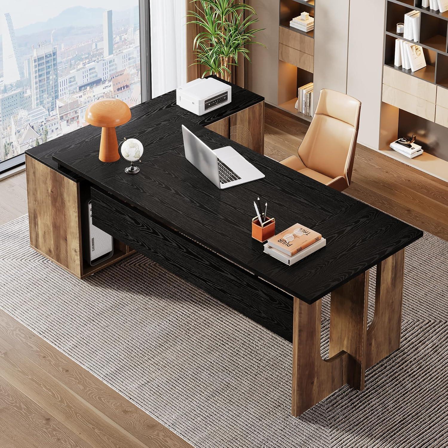 Tribesigns 74.8 Inch Executive Desk, Large Office Desk with Cabinet, L Shaped Computer Table with Shelves and CPU Storage, Modern Home Office Desks Business Furniture Workstation Set