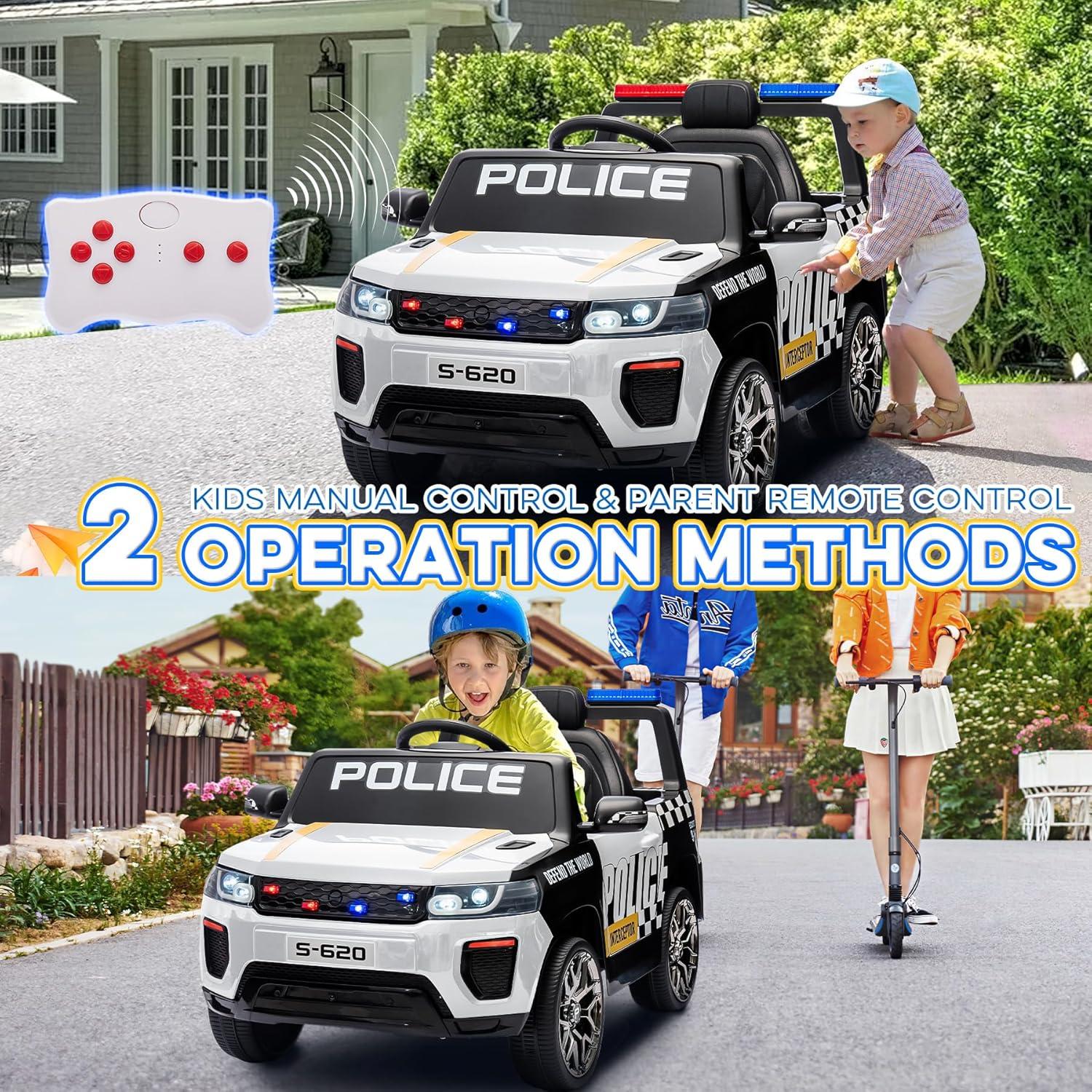 HOMMOW Kids Ride on Police Car, 12V 4AH Battery Powered Kids Ride on Toy with Remote Control, Flashing Lights and Music, White
