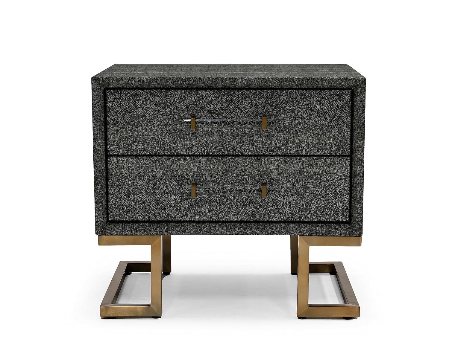 Rosard Collection Modern Bedroom Textured Leatherette Finished Nightstand with 2 Drawers, Grey, Gold