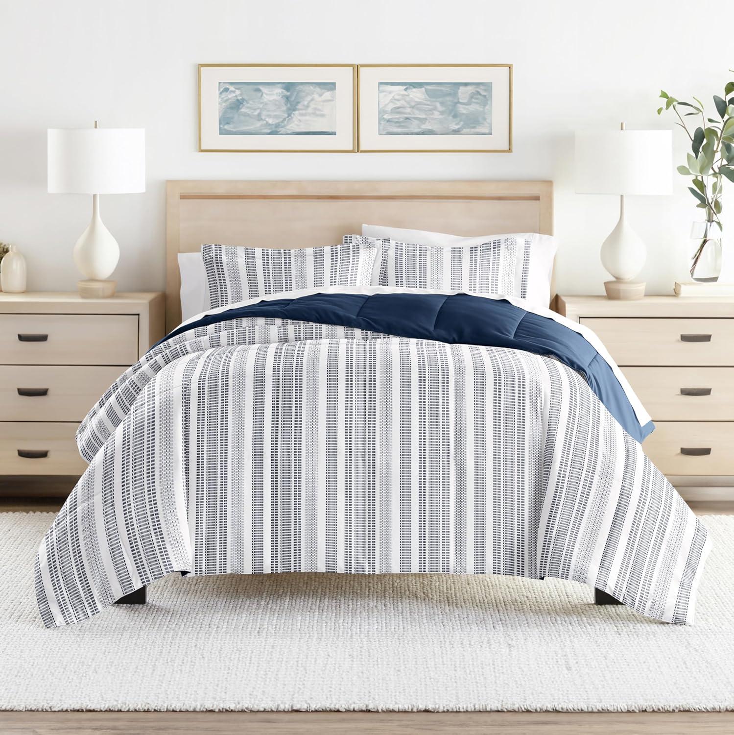 Navy and White Reversible Full Comforter Set with Microfiber