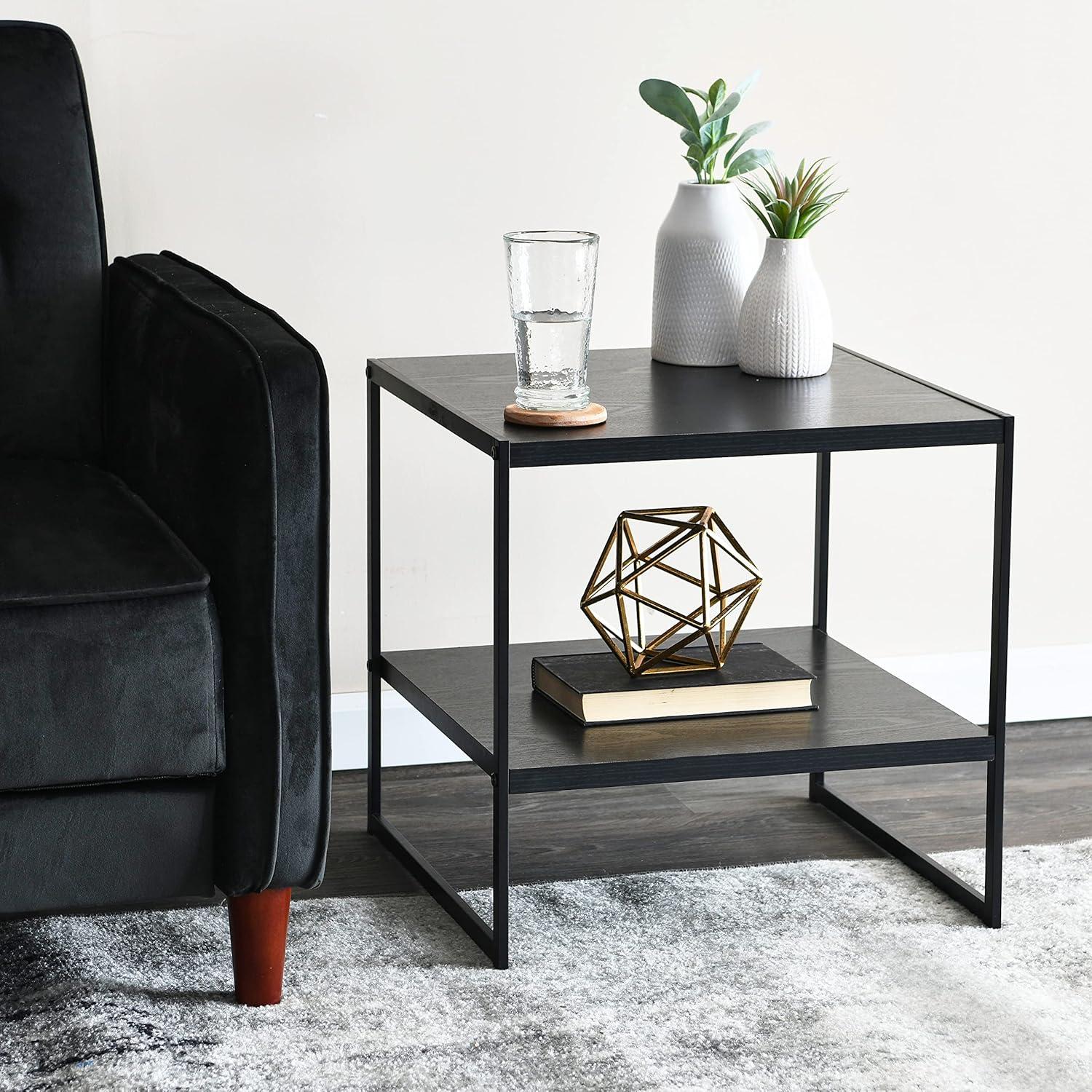 Black Metal and Woodgrain Laminate Square End Table with Shelf