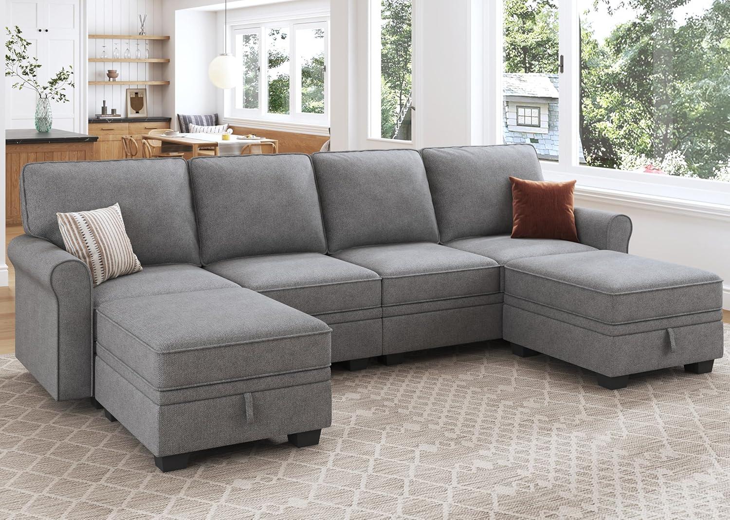 HONBAY Modern U-Shaped Sectional Couch Set with Storage Space and Storage Ottomans for Living Room, Light Grey