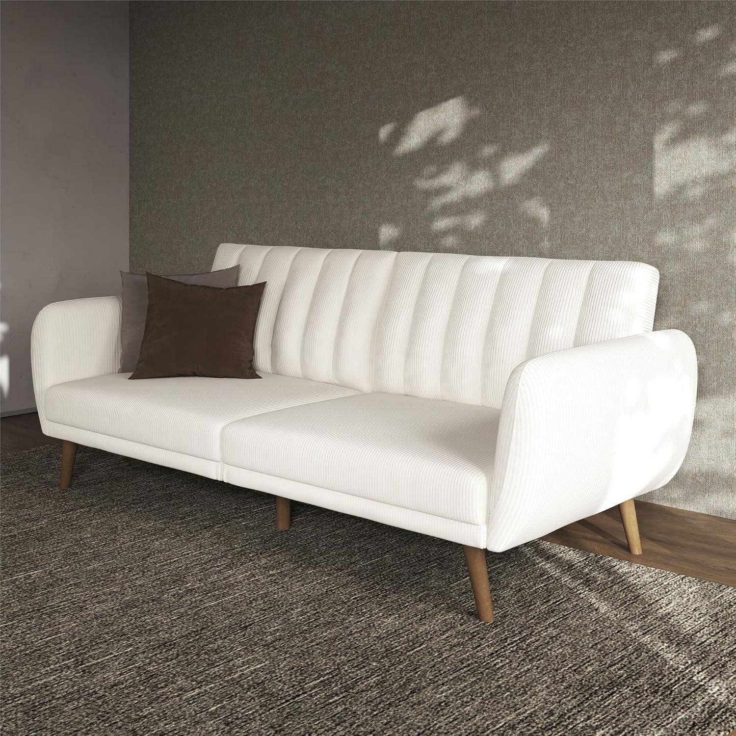 Ivory Corduroy Faux Leather Sleeper Sofa with Wood Legs